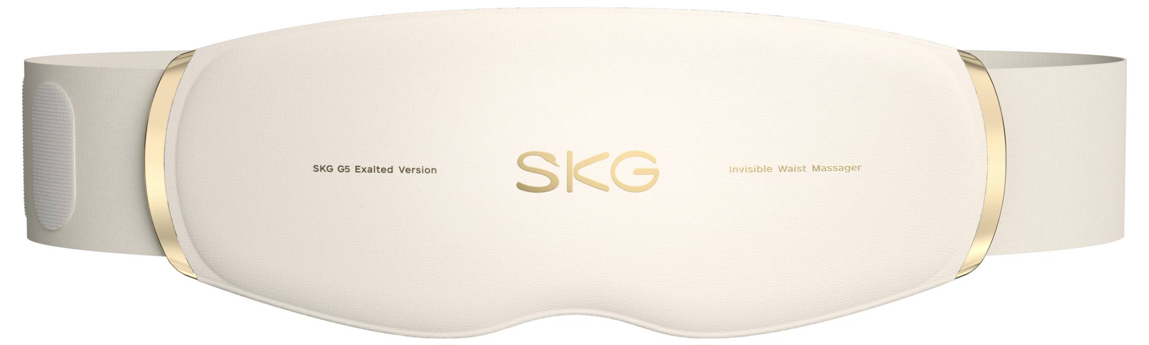 Beiger SKG-Augenmassager mit goldenen Akzenten und verstellbaren Seitenriemen, Vorderansicht auf weißem Hintergrund.