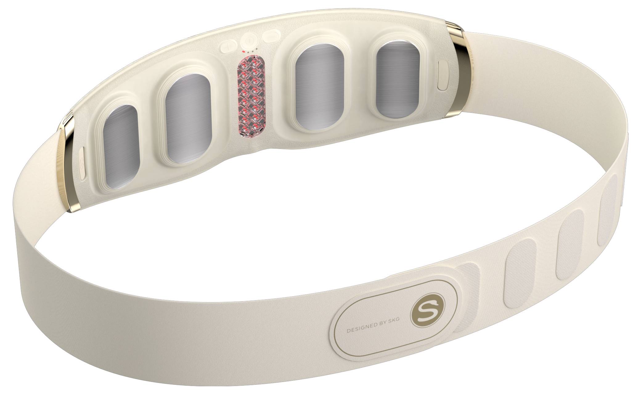 Beiger tragbarer Fitness-Tracker-Armband mit mehreren Sensorfenstern und einer Schnallenverschluss, auf weißem Hintergrund dargestellt.