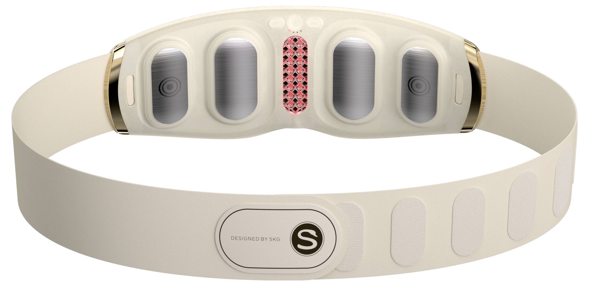 Intelligentes tragbares Gesundheitsarmband mit Vorder- und Rückansicht, beigem Armband, ovalem Sensormodul und verstellbarer Schnallenschließe.