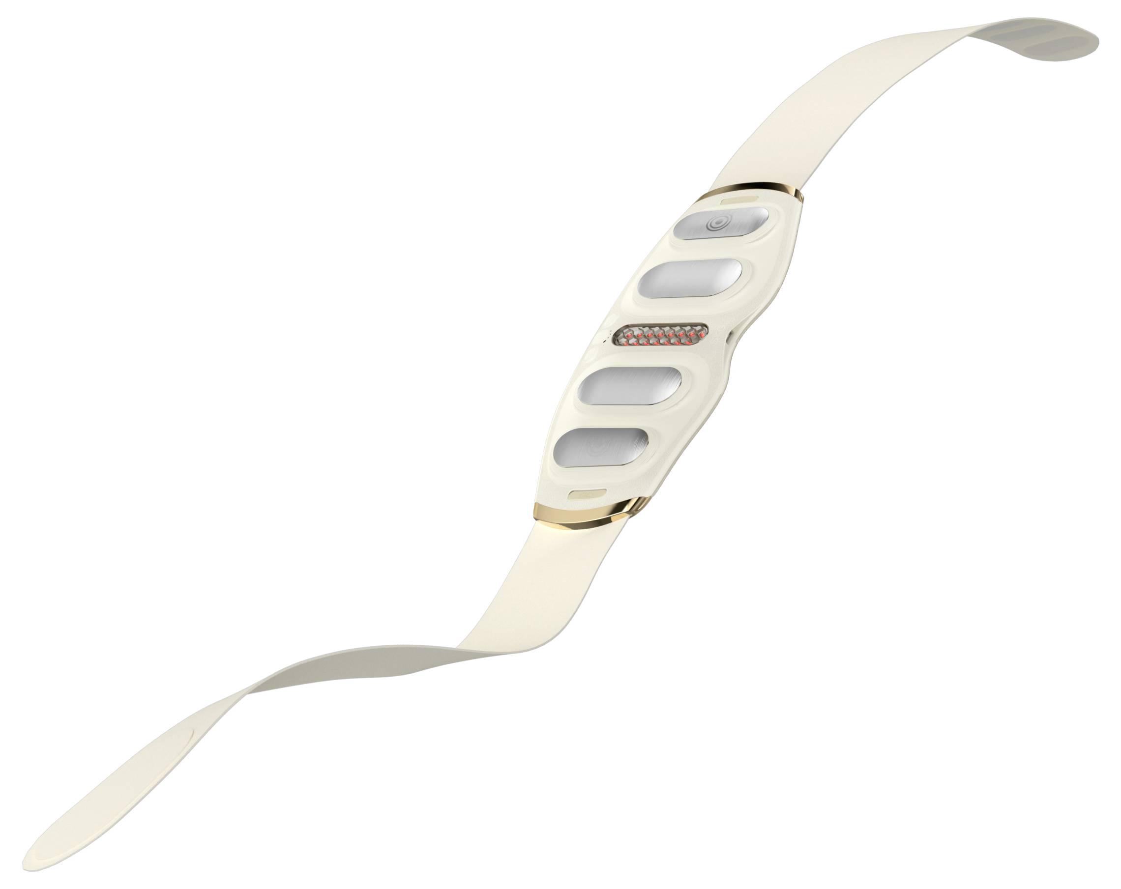 Ein beiges tragbares Armband mit einem zentralen Sensormodul und gebogenem Riemen, gezeigt auf weißem Hintergrund.