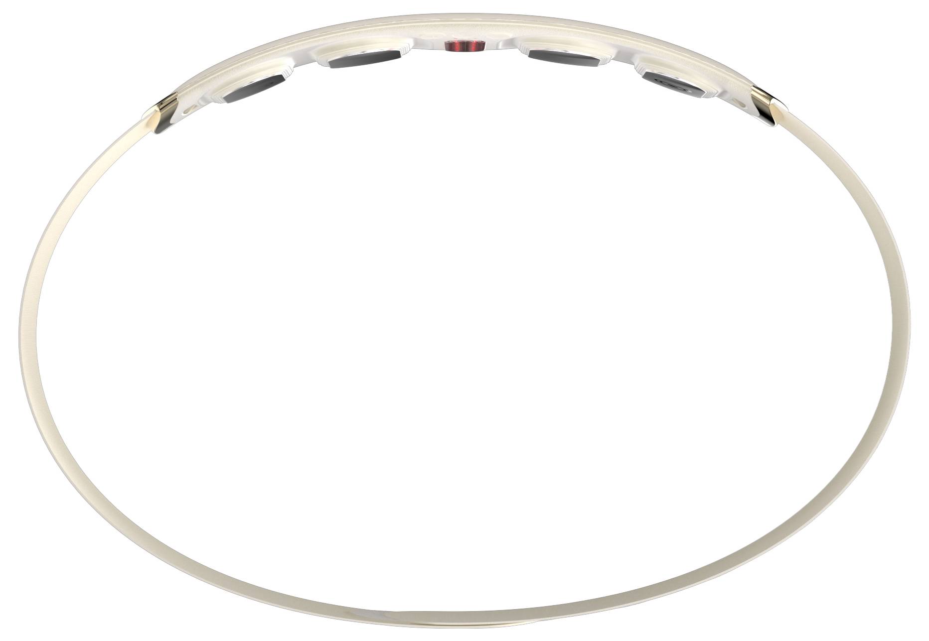 Ovales beiges elastisches Haarband mit kleinen schwarzen und roten Griffeinsätzen oben, isoliert auf weißem Hintergrund dargestellt.