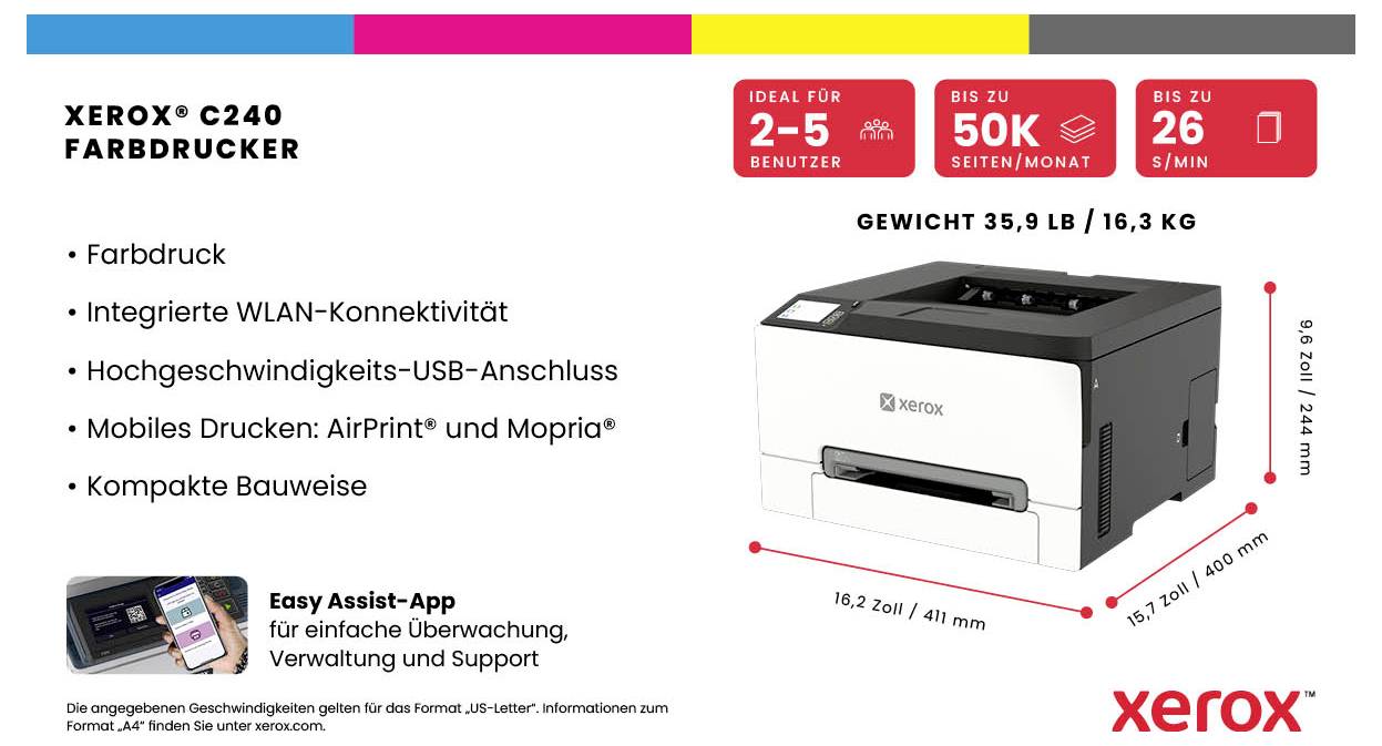 Xerox C240V/EU - Drucker - Farbe - Duple Drucker Laser A4 26 S./min 25 S./min 2400 x 600 dpi