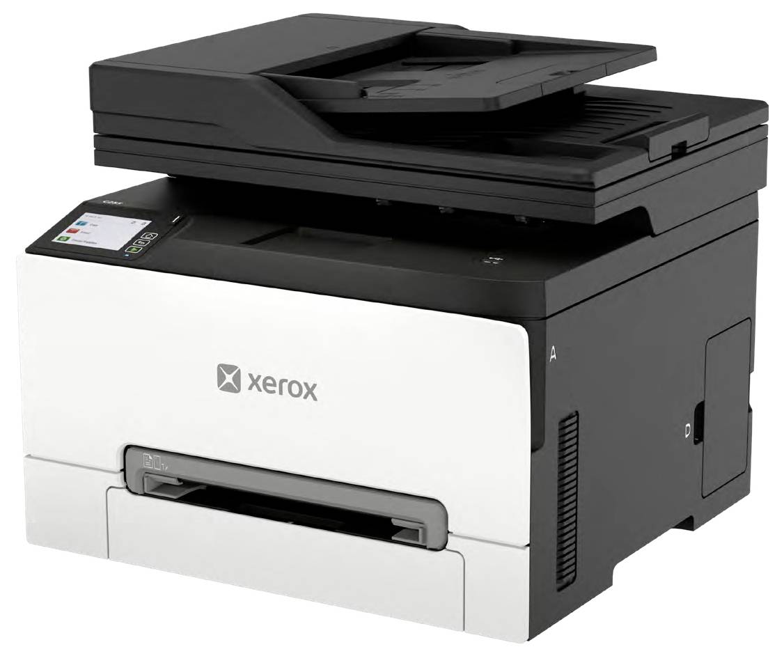 Schwarzer Xerox-Multifunktionsdrucker mit Scanner und Kopierer, abgebildet auf weißem Hintergrund.