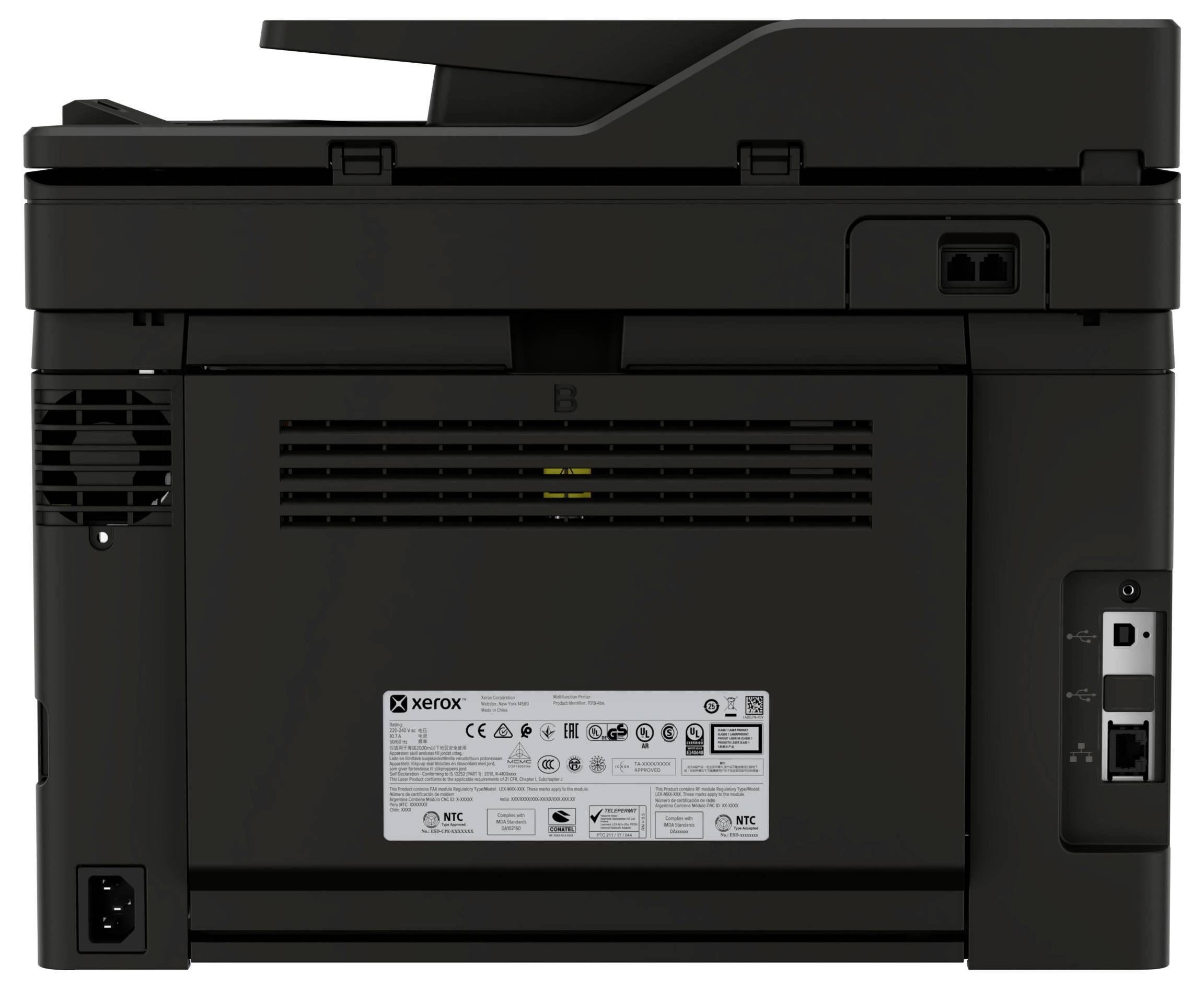 Rückansicht eines schwarzen Xerox-Multifunktionsdruckers mit Belüftung, Stromversorgungs- und Netzwerkanschlüssen sowie einem Produktetikett.