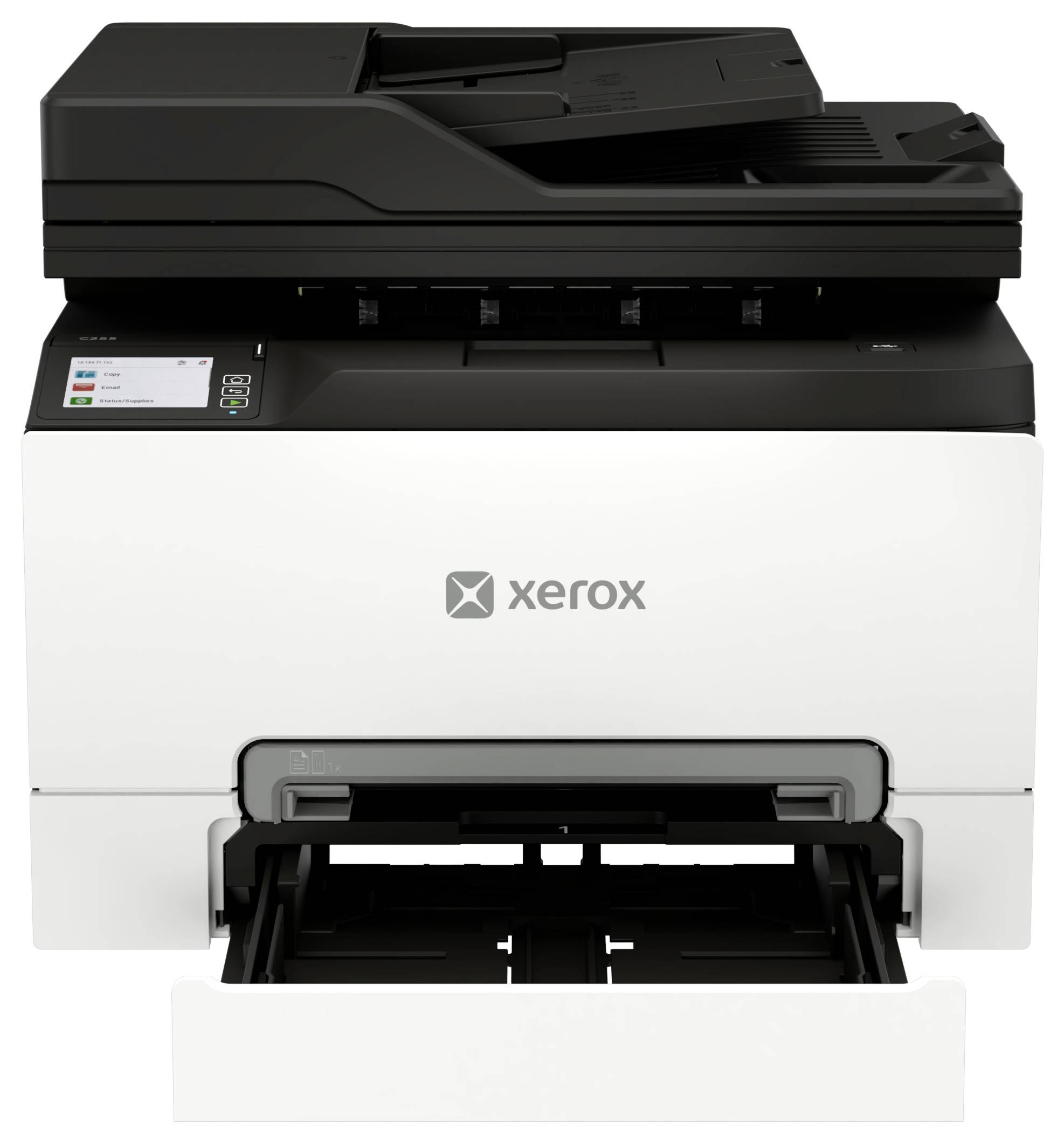 Vorderansicht eines Xerox-Multifunktionsdruckers mit sichtbarem Scannnerdeckel, Bedienfeld und geöffnetem Papierfach.
