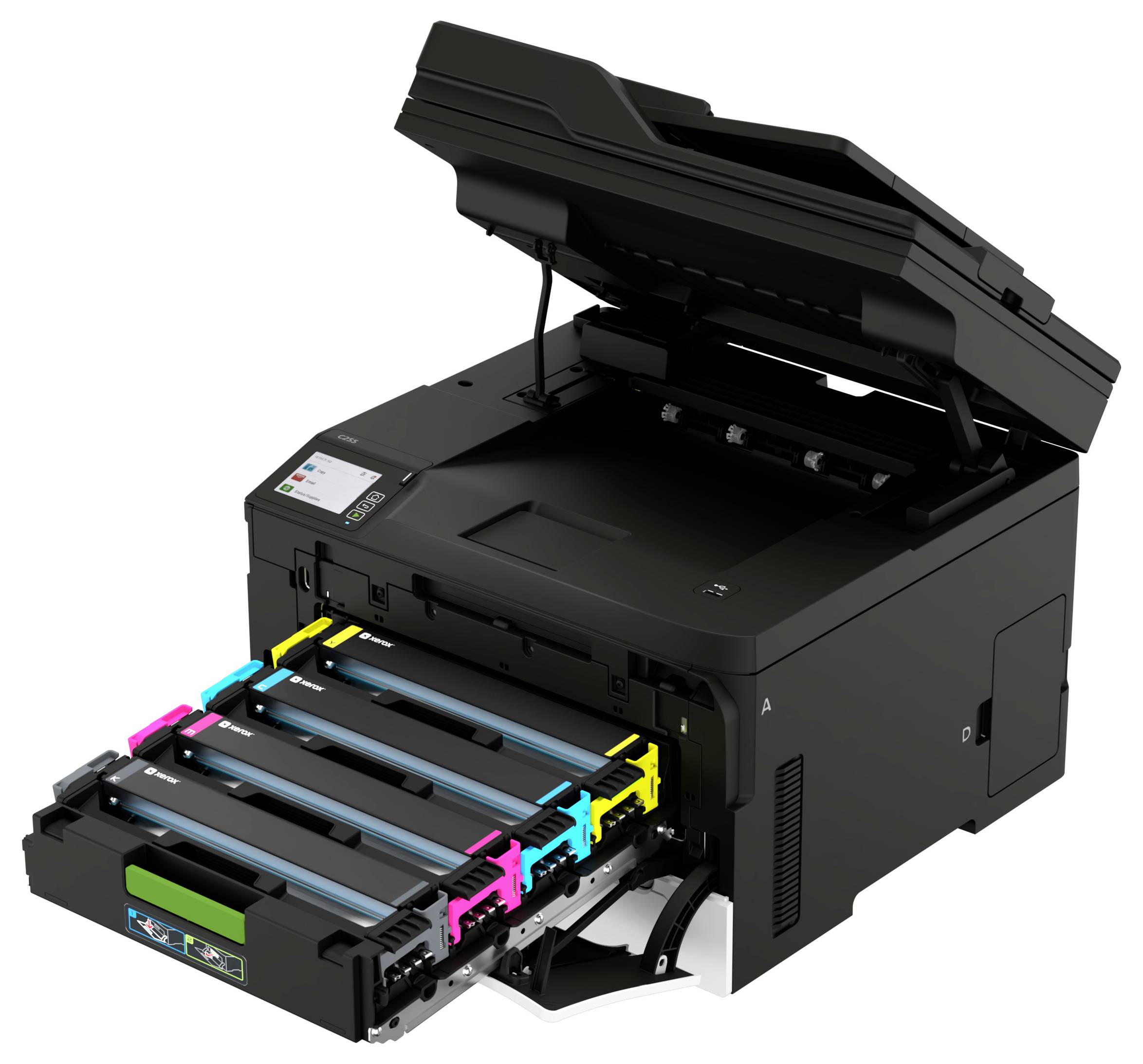 Schwarzer Multifunktionsdrucker mit geöffnetem Scanndeckel und ausgezogener vorderer Tonerlade, die vier farbige Tonerkartuschen zeigt.