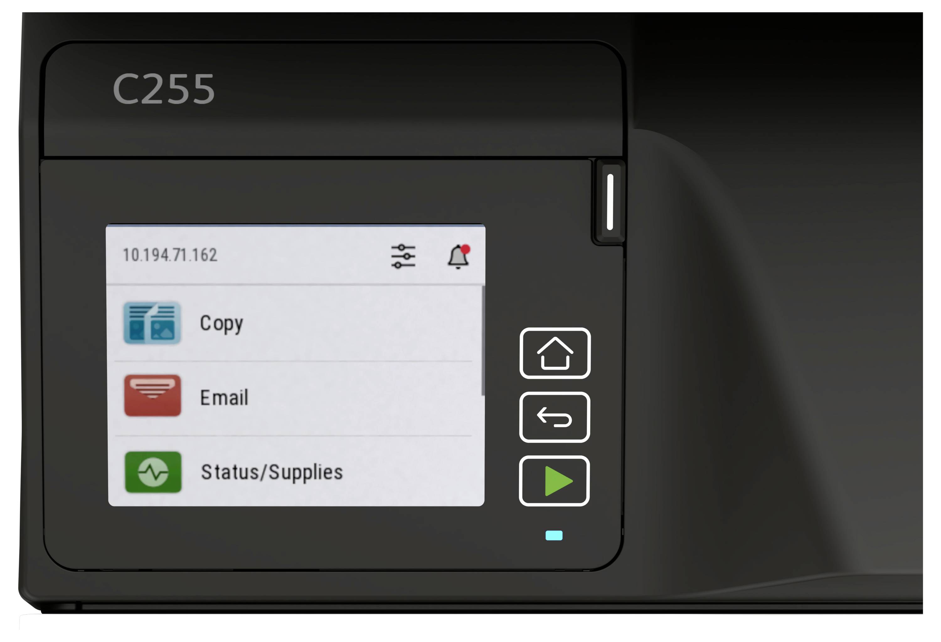 Nahaufnahme eines Konica Minolta C255 Drucker-Touchscreens mit Menüoptionen 
