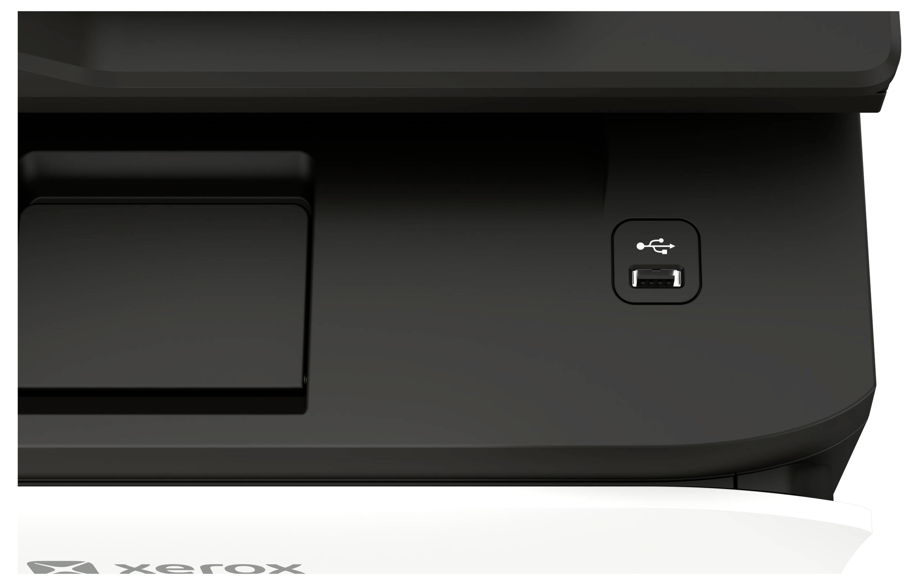 Nahaufnahme der Frontplatte eines Xerox-Druckers mit einem USB-Port-Symbol und einer rechteckigen Kontrolle oder Abdeckung auf der linken Seite.