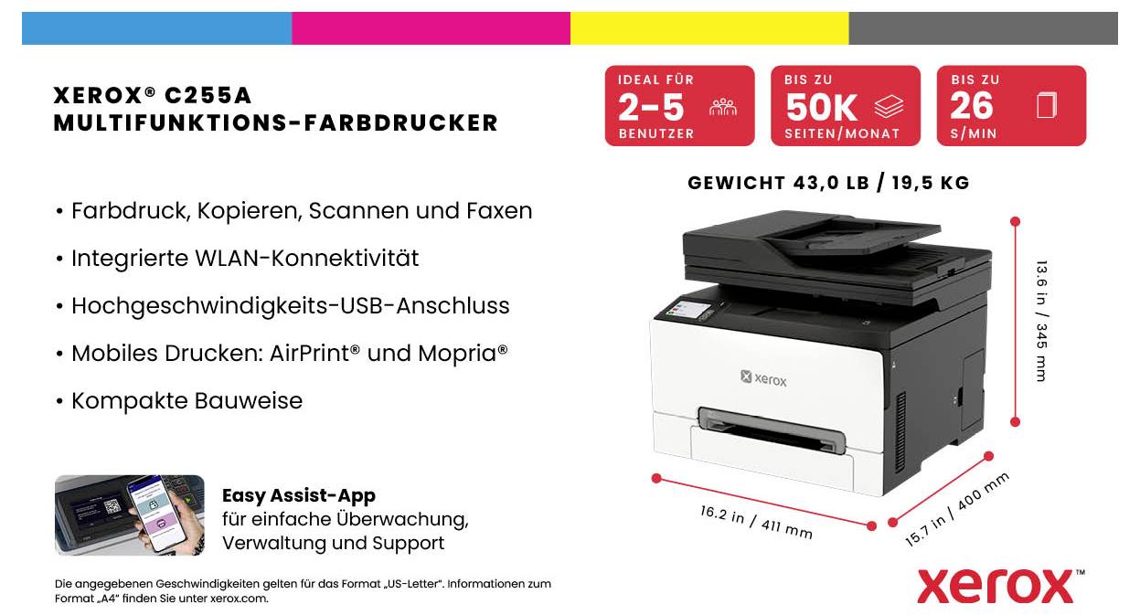 Xerox C255A Multifunktionsfarbdrucker mit Kopieren, Scannen, Faxen, Wi-Fi, USB, mobilem Drucken und kompaktem Design; Abmessungen und Gewicht dargestellt.