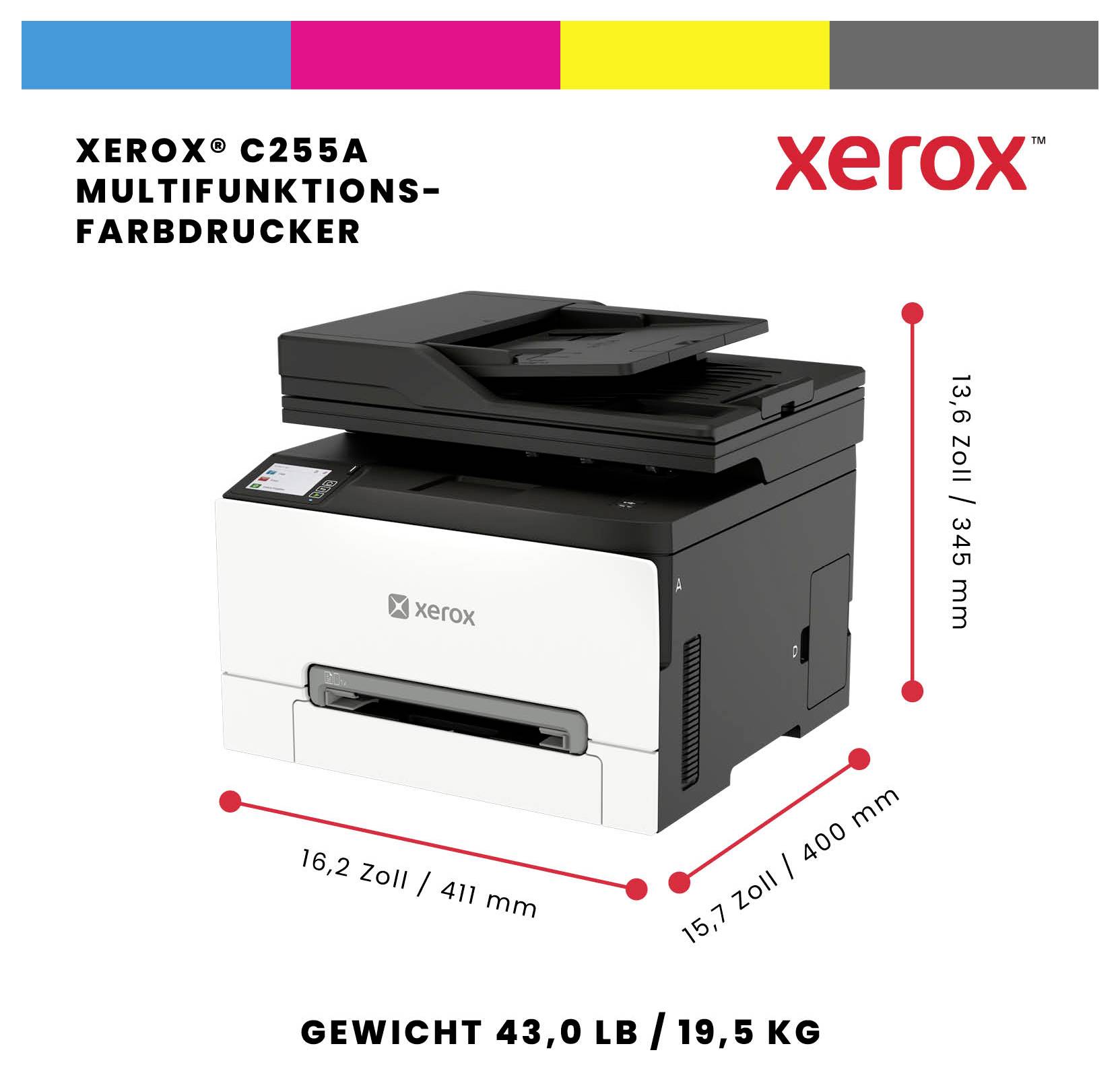 Xerox C255A Multifunktionsfarbdrucker mit den Abmessungen 16,2 x 15,7 x 13,6 Zoll und einem Gewicht von 43,0 lb/19,5 kg.