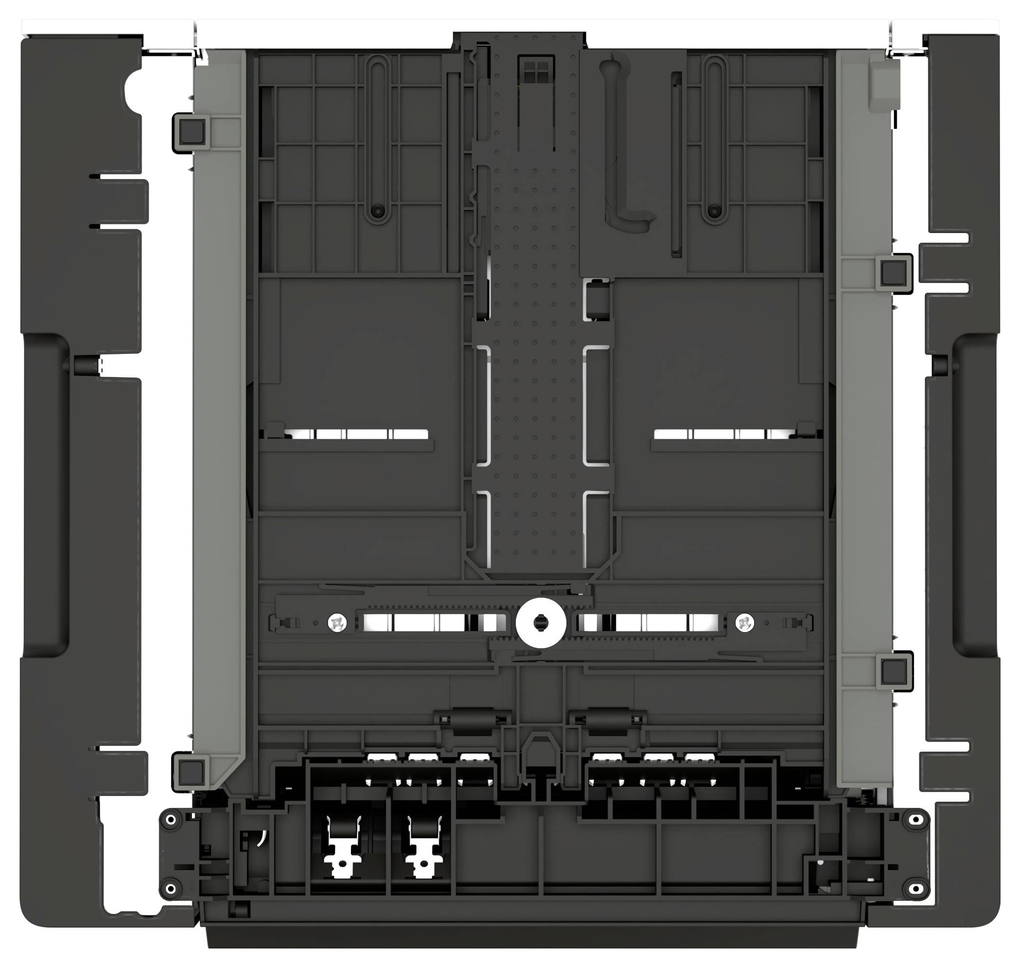 Vorderansicht eines schwarzen Industrie-Kunststoffpanels oder Gehäuses mit geformten Fächern, Seitenbefestigungen und Montageschlitzen.
