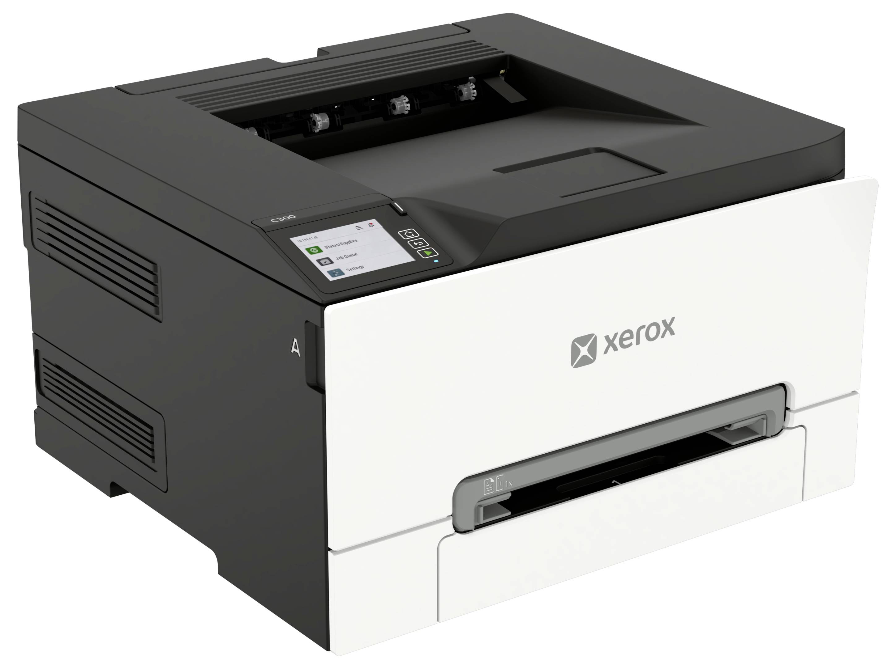 Xerox-Schreibtischlaserdrucker mit Papierausgabefach und Bedienfeld an der Vorderseite, in Schwarz und Weiß dargestellt.