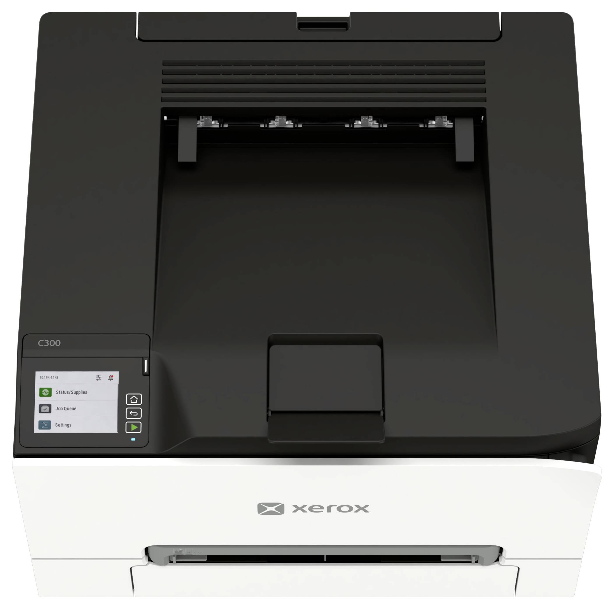 Vorderansicht eines Xerox C300 Druckers mit Steuer-Touchscreen und Papierausgabefach.