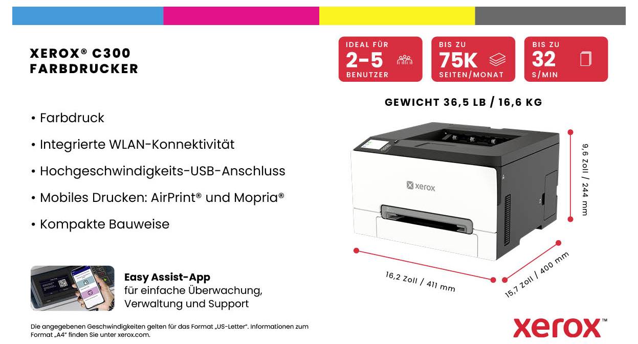 Werbeproduktbild eines Xerox C300 Farbdruckers mit den wichtigsten Spezifikationen: 2-5 Benutzer, bis zu 75.000 Seiten/Monat, 32 ppm, 16,2 x 16,7 x 16,3 Zoll, 36,5 lb, mit deutscher Funktionsliste und Xerox-Logo.