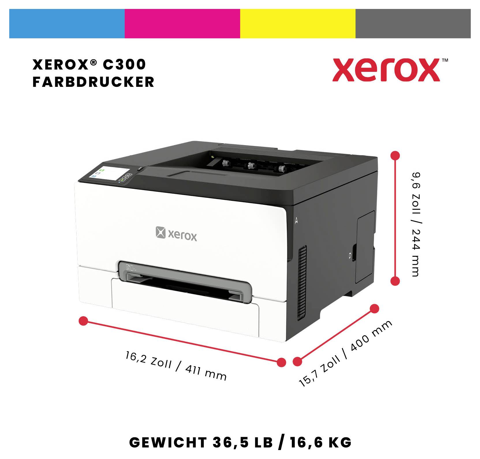 Xerox C300 Farbdrucker mit den Abmessungen 16,2 x 15,7 x 9,6 Zoll und einem Gewicht von 36,5 lb (16,6 kg).