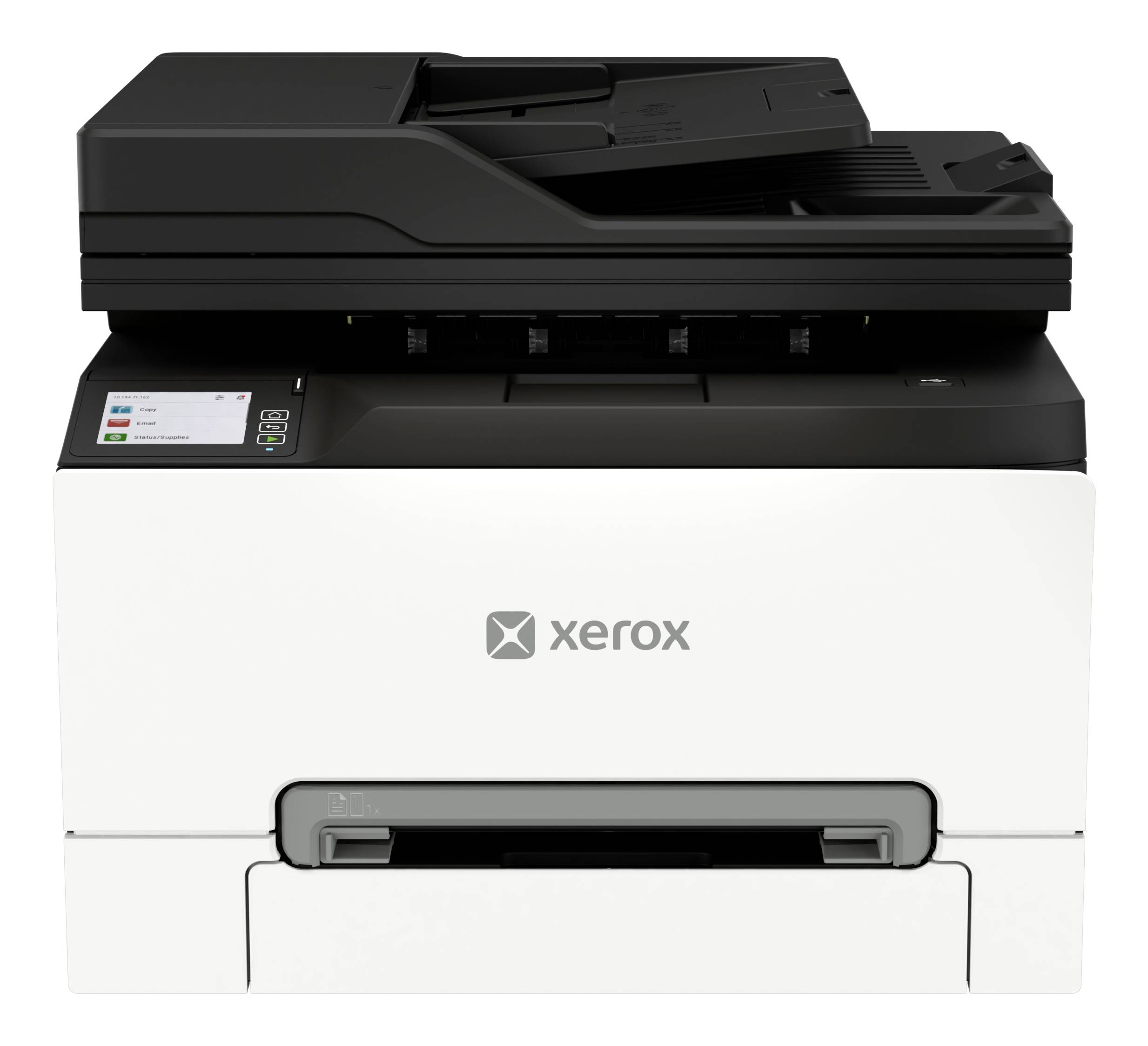 Vorderansicht eines Xerox-Multifunktionsdruckers mit schwarzer Oberseite und weißem Gehäuse auf neutralem Hintergrund.