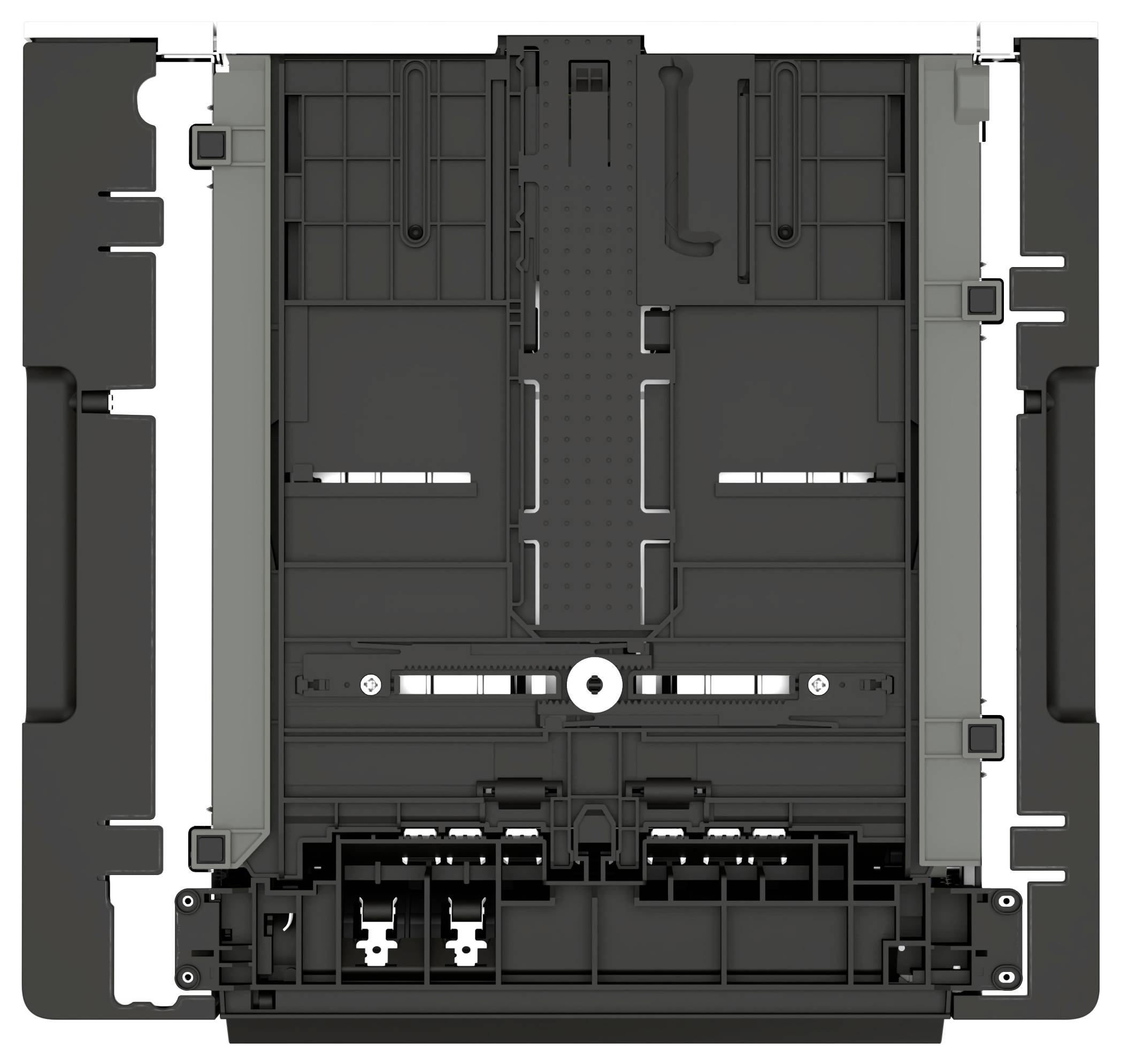 Ansicht von oben auf ein schwarzes kunststoffgehäuse oder eine schwarze kunststoffplatte eines elektronischen geräts mit internen schlitzen, montagepunkten und steckeröffnungen.