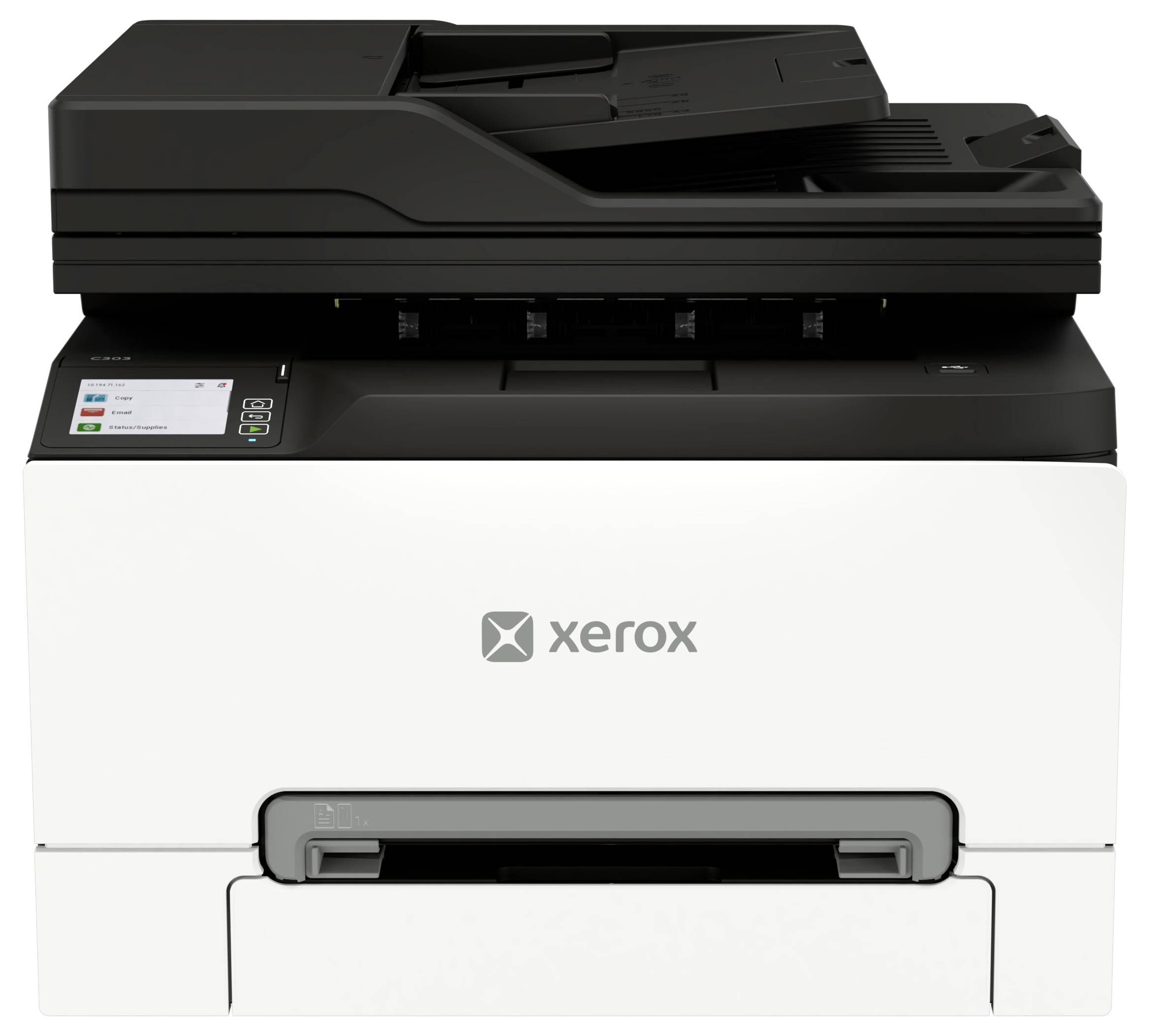 Xerox-Multifunktionsdrucker in Vorderansicht mit Scanner oben und Papierausgabefach unten.