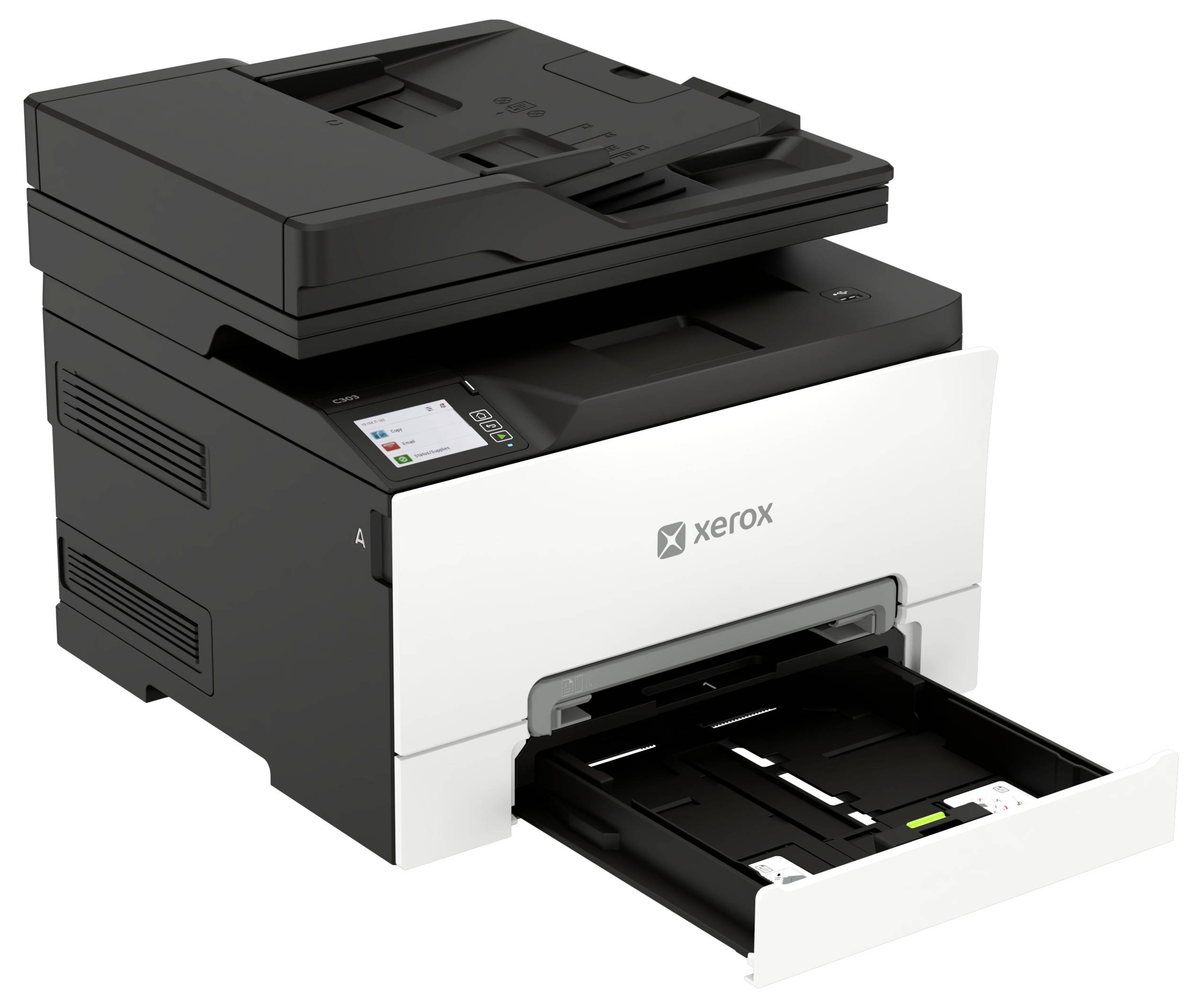 Xerox Multifunktionsdrucker mit geöffnetem Scannnerdeckel und ausgezogenem Papierfach.
