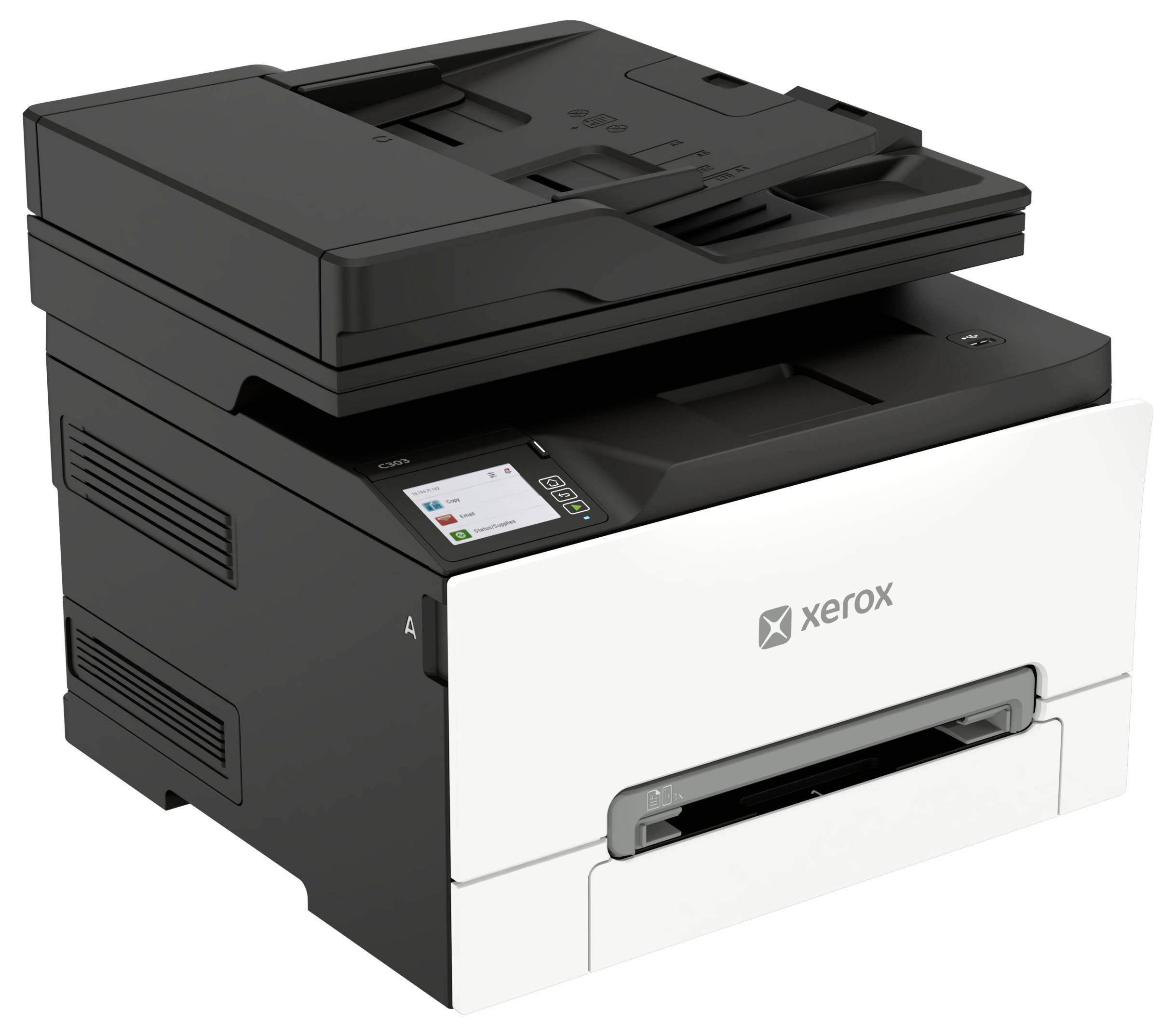 Schwarz-Weiß-Xerox-Multifunktionsdrucker mit Scannerlid, kleinem Touchscreen-Bedienfeld und vorderem Papierfach.