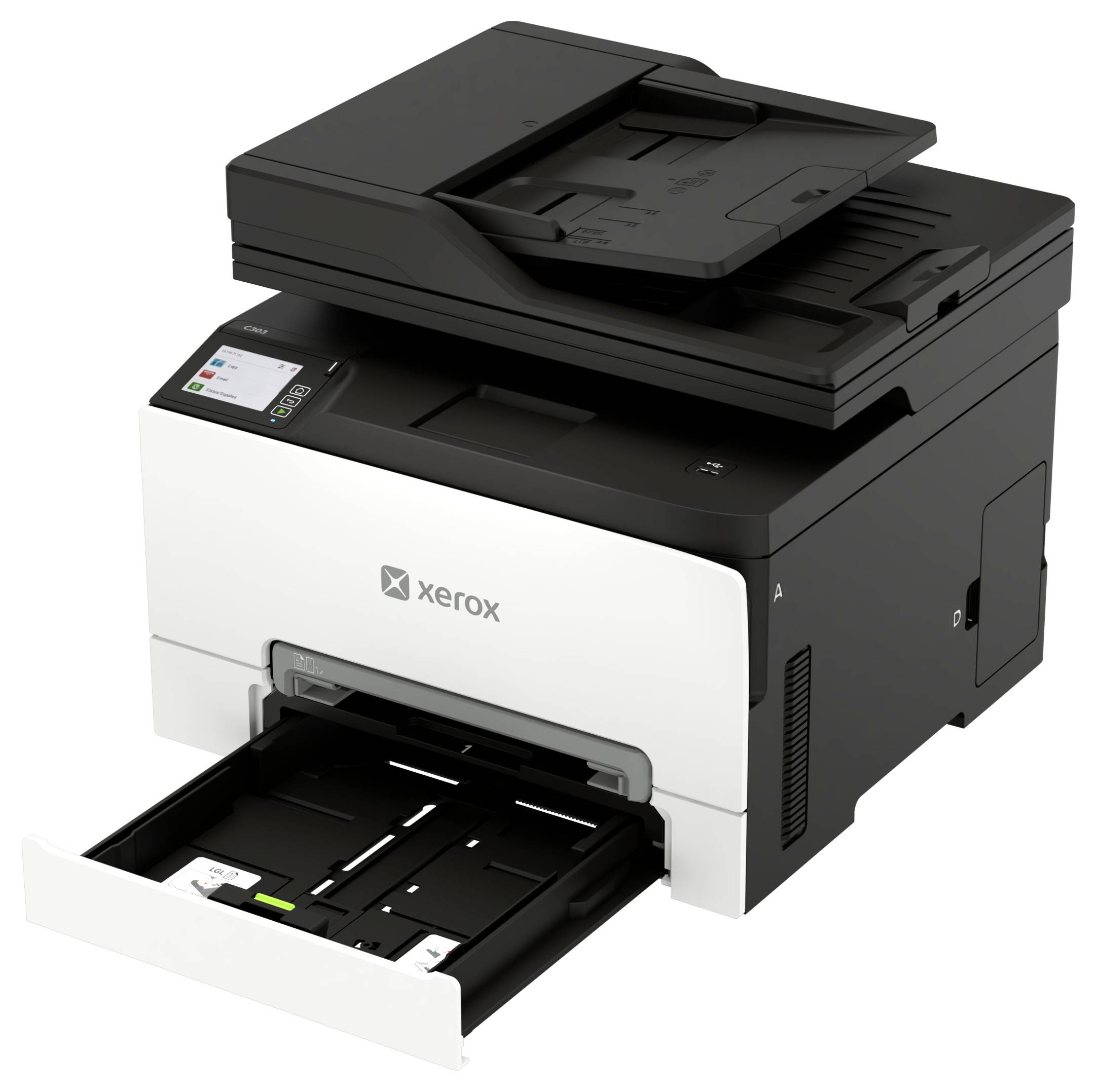 Xerox-Multifunktionsdrucker mit offenenem Scanndeckel und ausgezogener Papierschublade, gezeigt auf weißem Hintergrund.