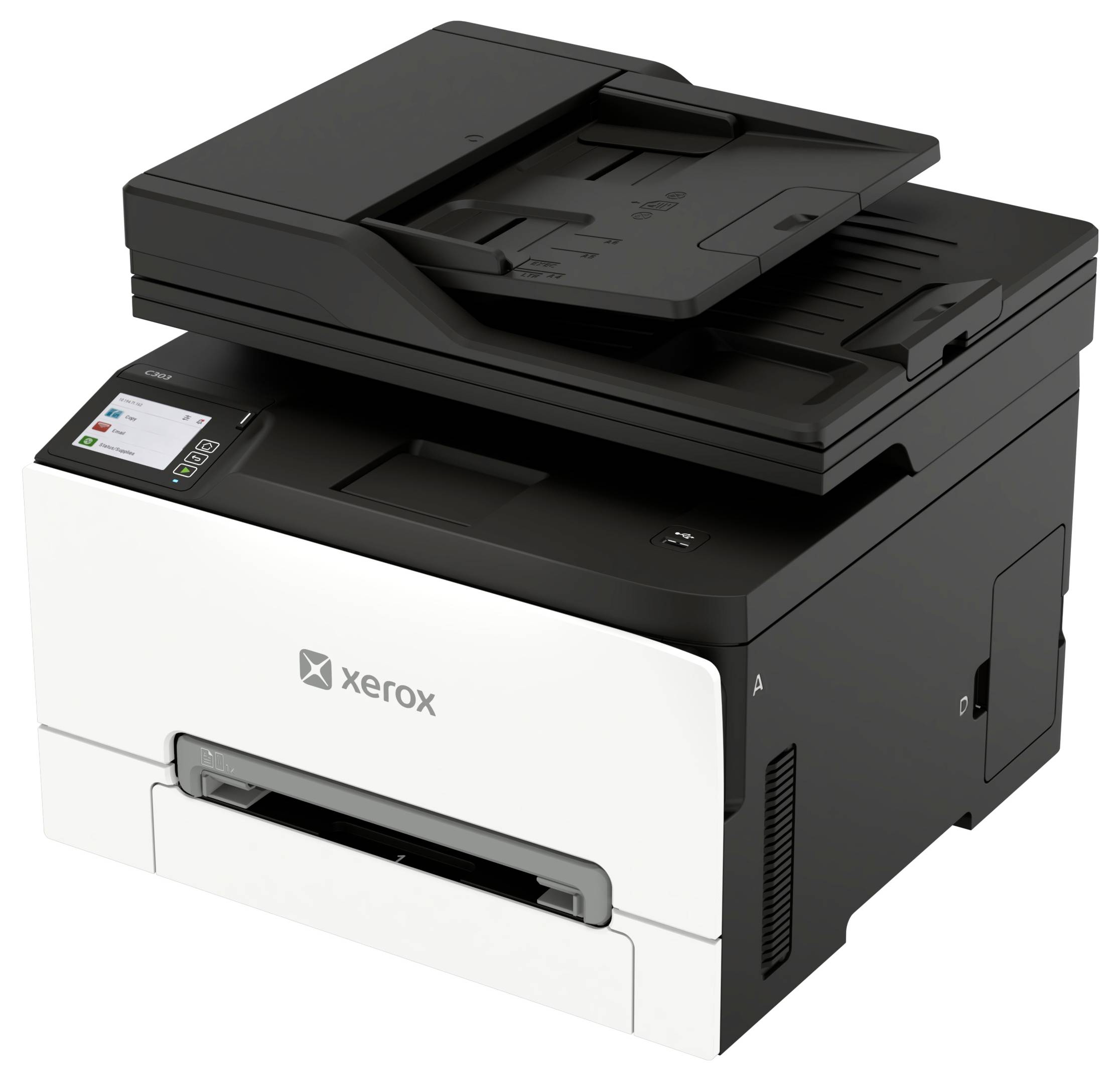Xerox-Multifunktionsdrucker mit Scannerbett und Touchscreen-Bedienfeld, in Schwarz-Weiß auf einfachem Hintergrund dargestellt.
