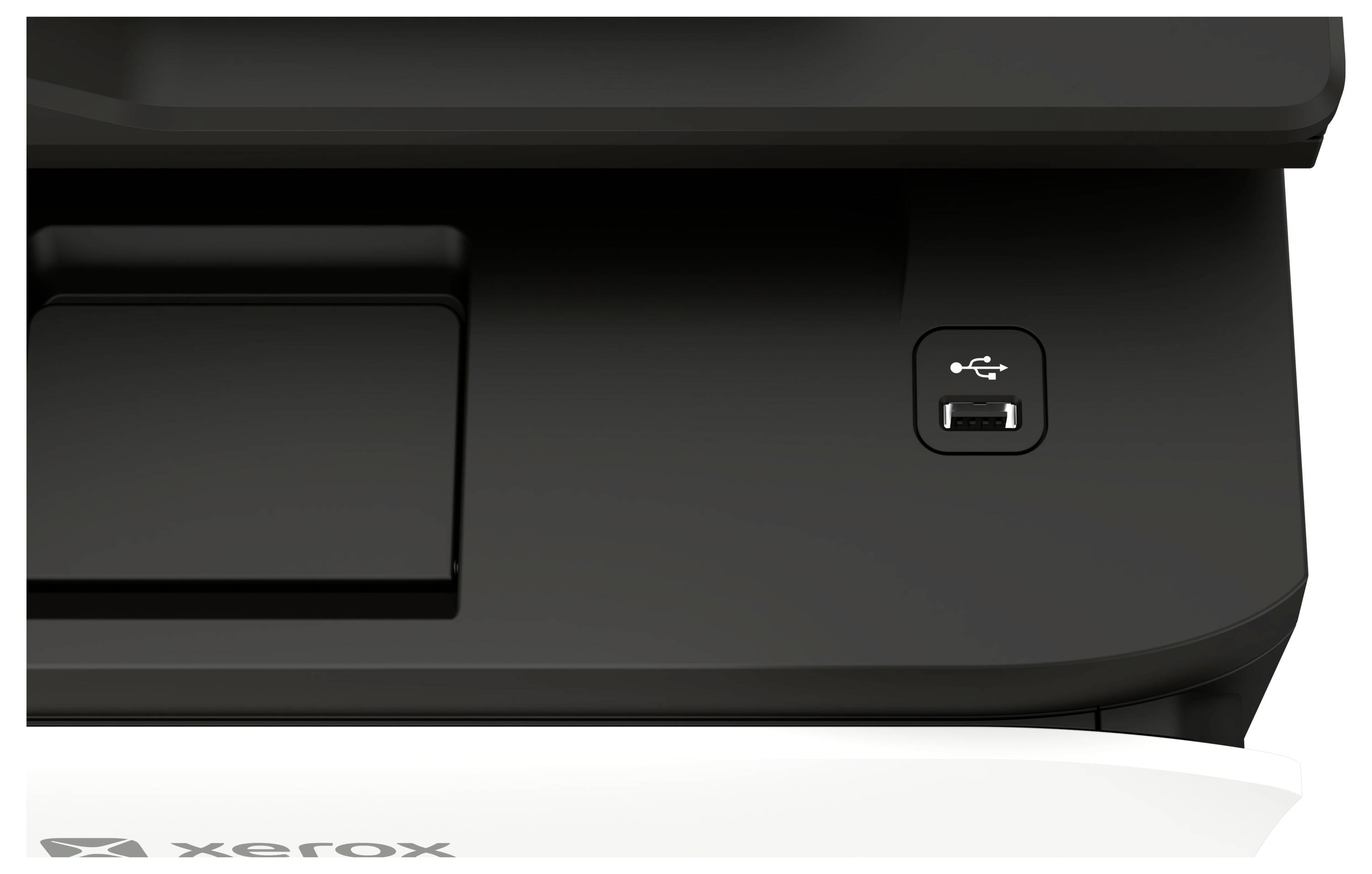 Nahaufnahme eines Xerox-Druckersteuerpanels mit USB-Anschluss und daneben befindlichem Knopf auf der rechten Vorderseite.