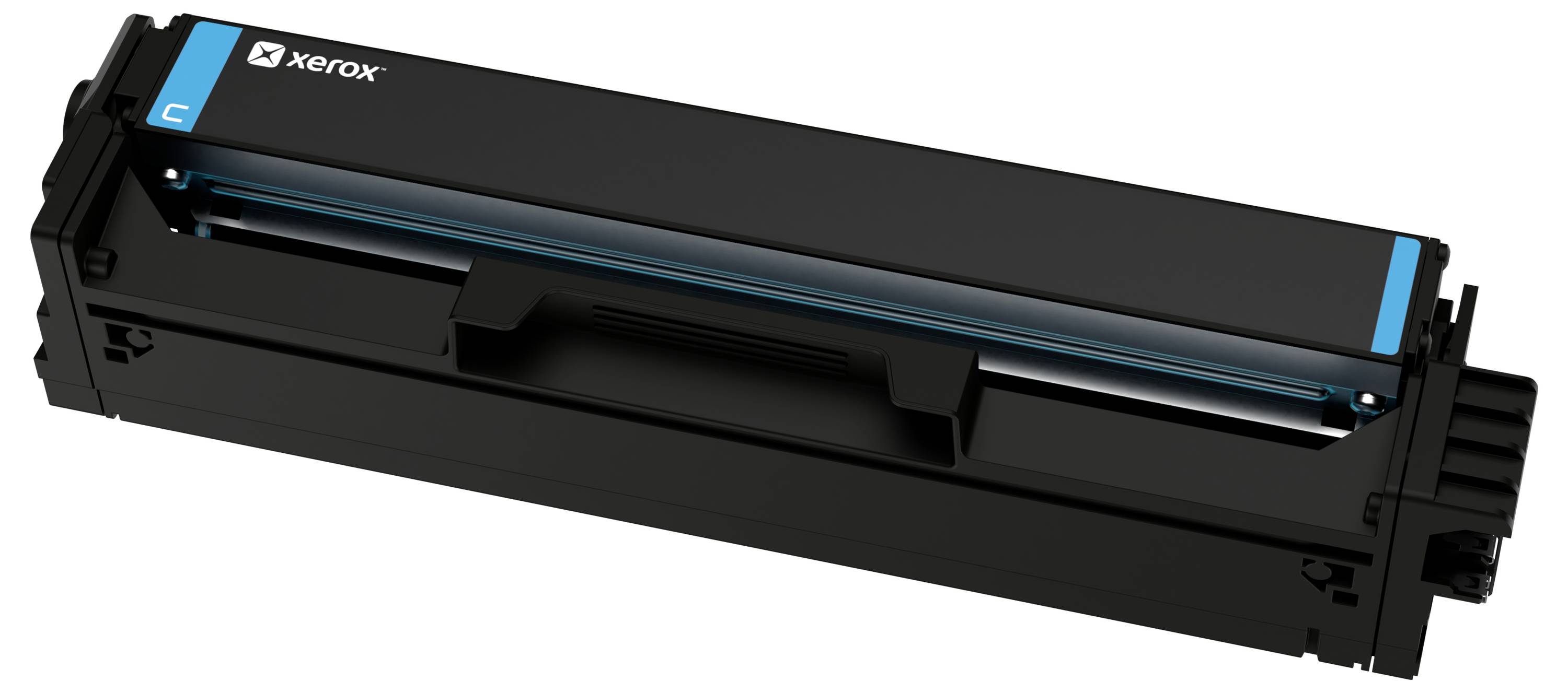 Xerox Schwarztonerkassette mit blauen Akzenten auf weißem Hintergrund dargestellt.