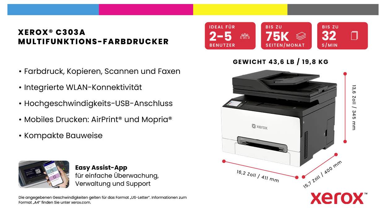 Xerox C303A Multifunktions-Farbdrucker mit Kopierer, Scanner und Fax; Wi‑Fi und USB, mobiles Drucken, kompaktes Design, Abmessungen und Gewicht wie dargestellt.