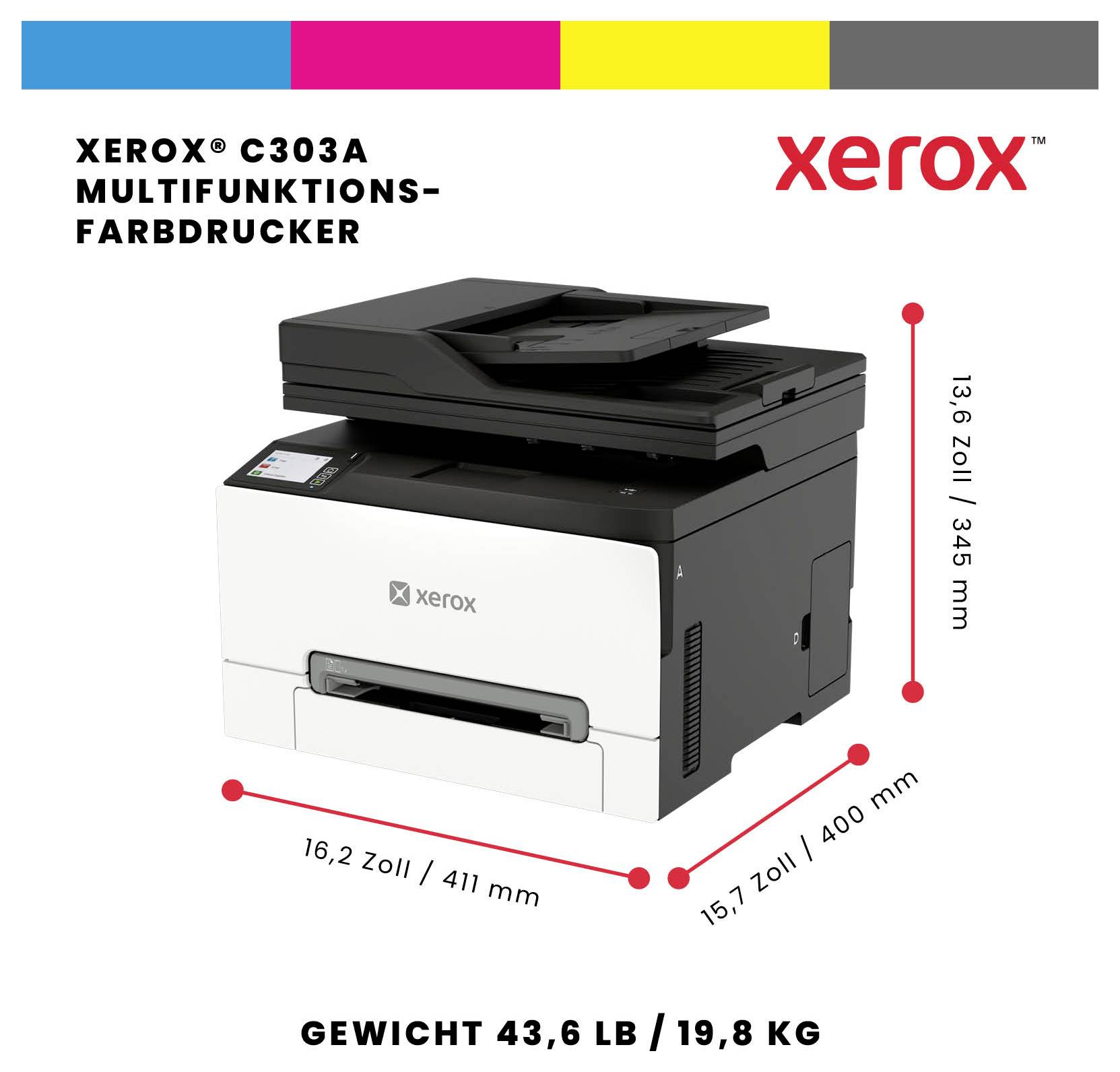 Xerox C303A Multifunktions-Farbdrucker mit den Abmessungen 16,2 x 15,7 x 13,6 Zoll und einem Gewicht von 43,6 lb/19,8 kg.