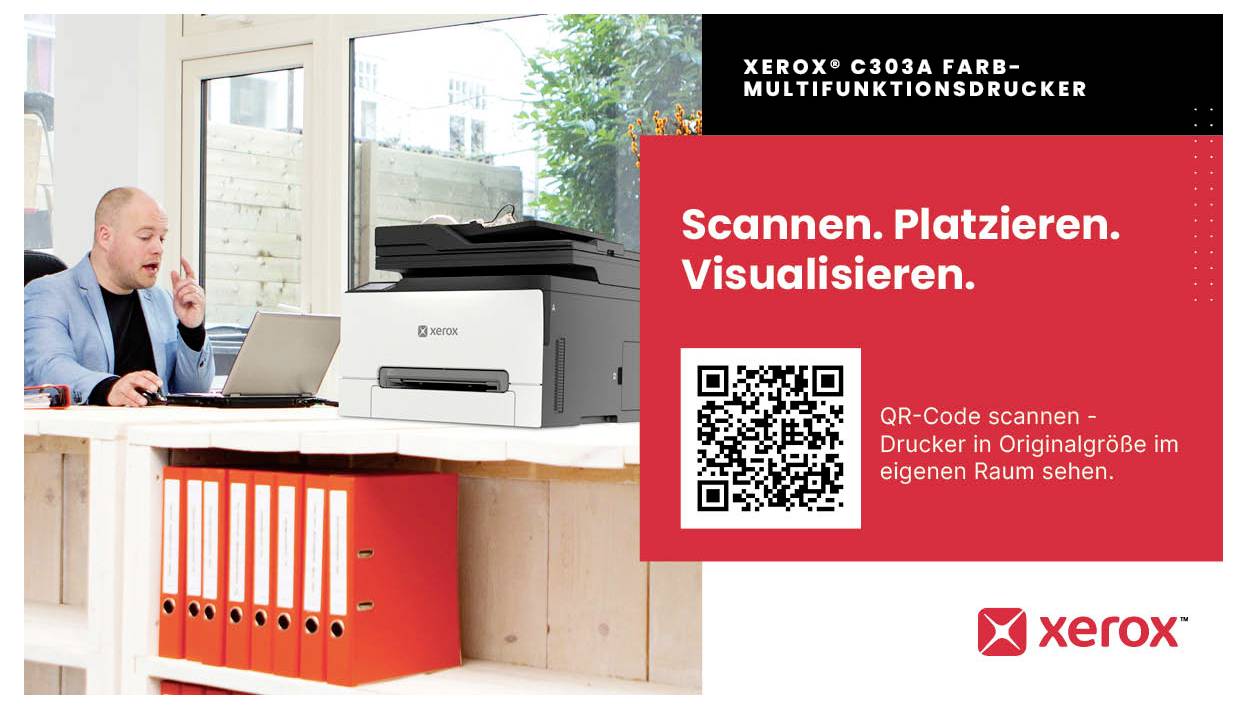 Xerox C303A Farbmultifunktionsdrucker mit QR-Code und dem Slogan „Scannen, Platzieren, Visualisieren