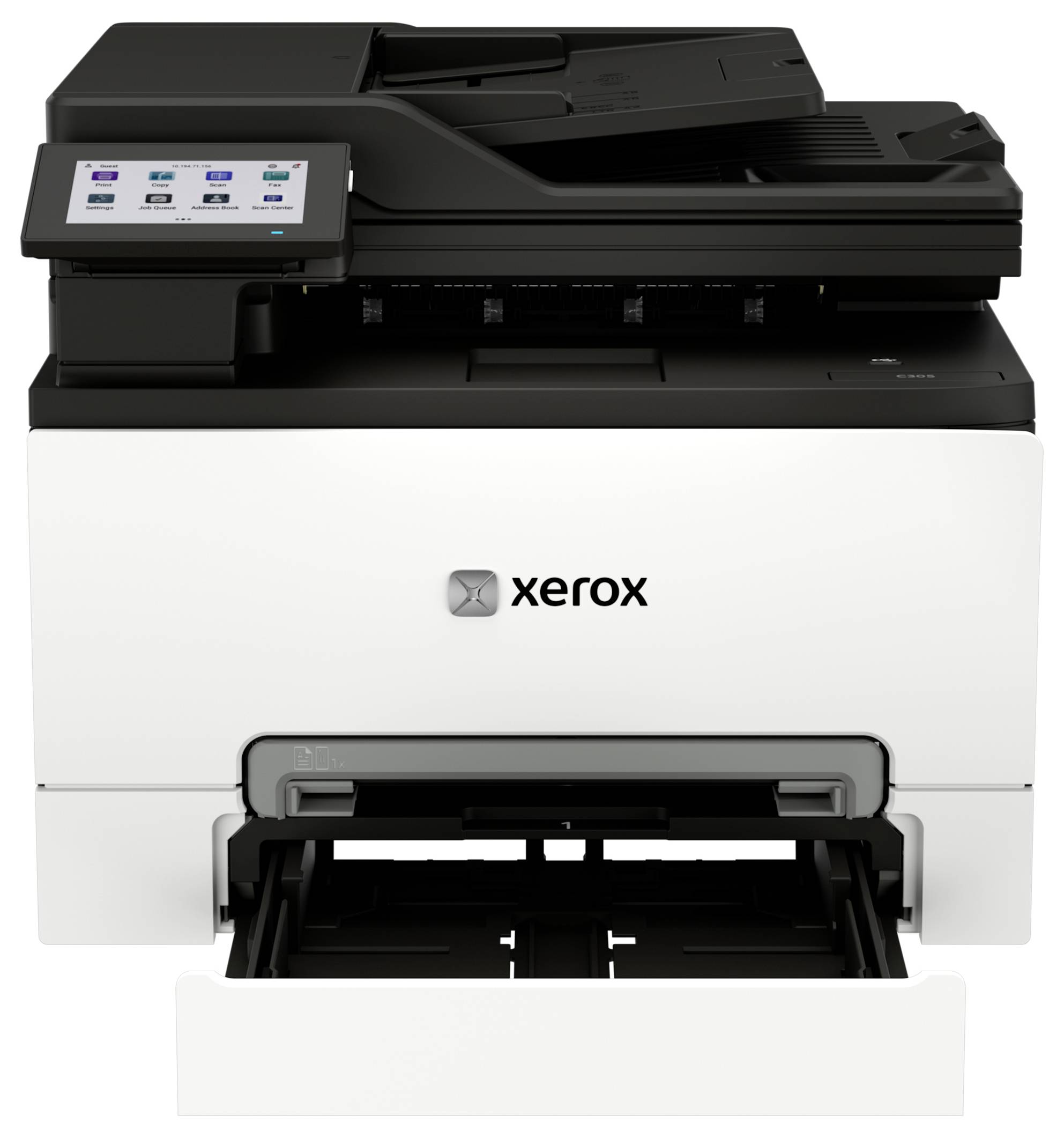 Ein Xerox-Multifunktionsdrucker/Kopierer mit Touchscreen-Bedienfeld und offener Papierausgabeschublade.