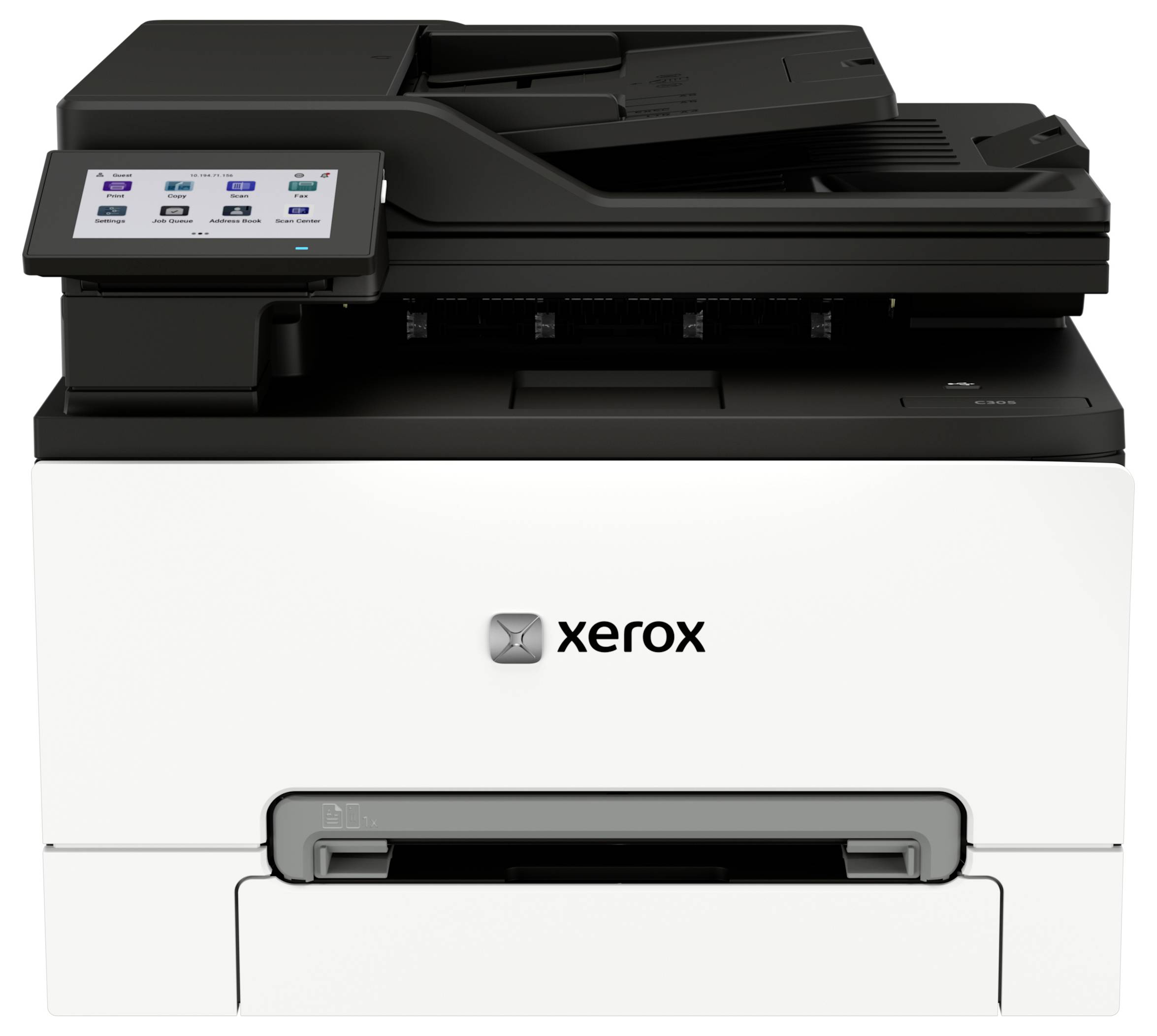 Xerox Multifunktionsdrucker mit Touchscreen-Bedienfeld und Papierfach.