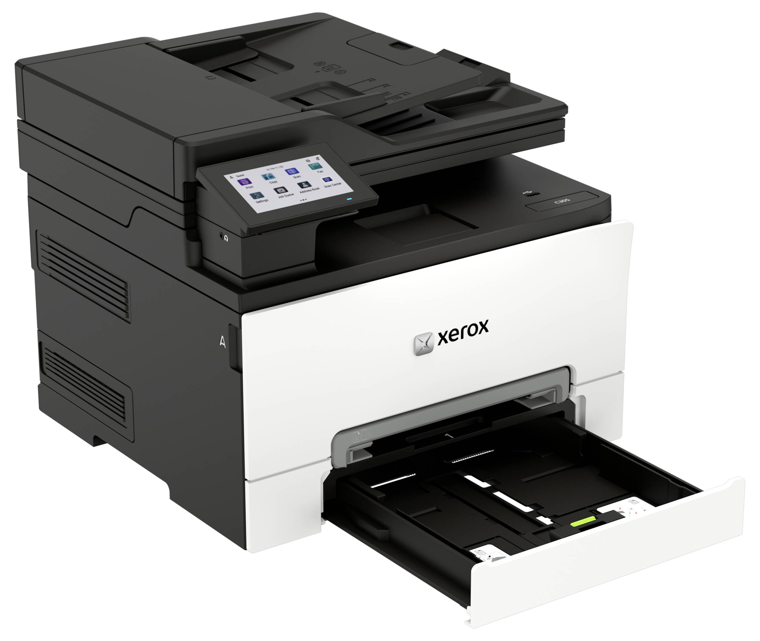 Schwarzer Xerox Multifunktionsdrucker mit Touchscreen-Bedienfeld und offener Papierkassette, auf weißem Hintergrund dargestellt.