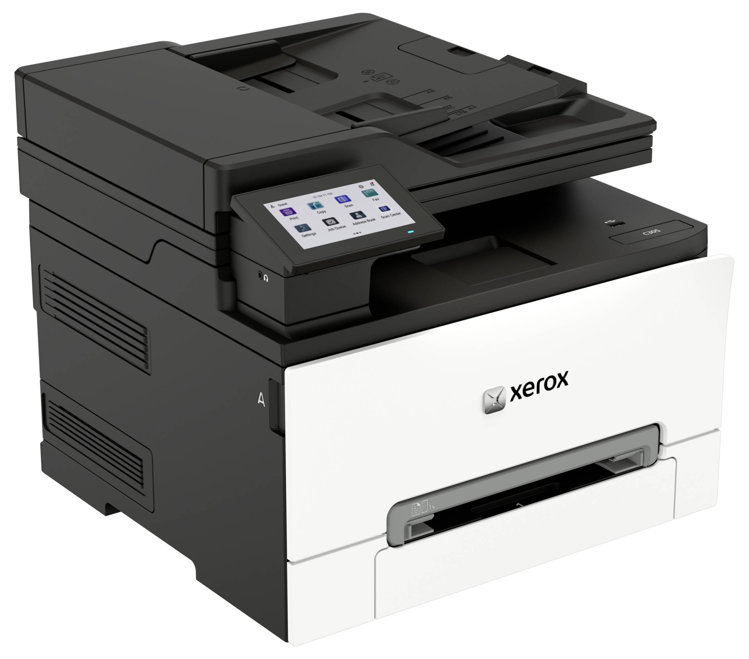 Xerox Multifunktionsdrucker mit Touchscreen-Bedienfeld und Papierfach, dargestellt in Dreiviertelsicht auf weißem Hintergrund.