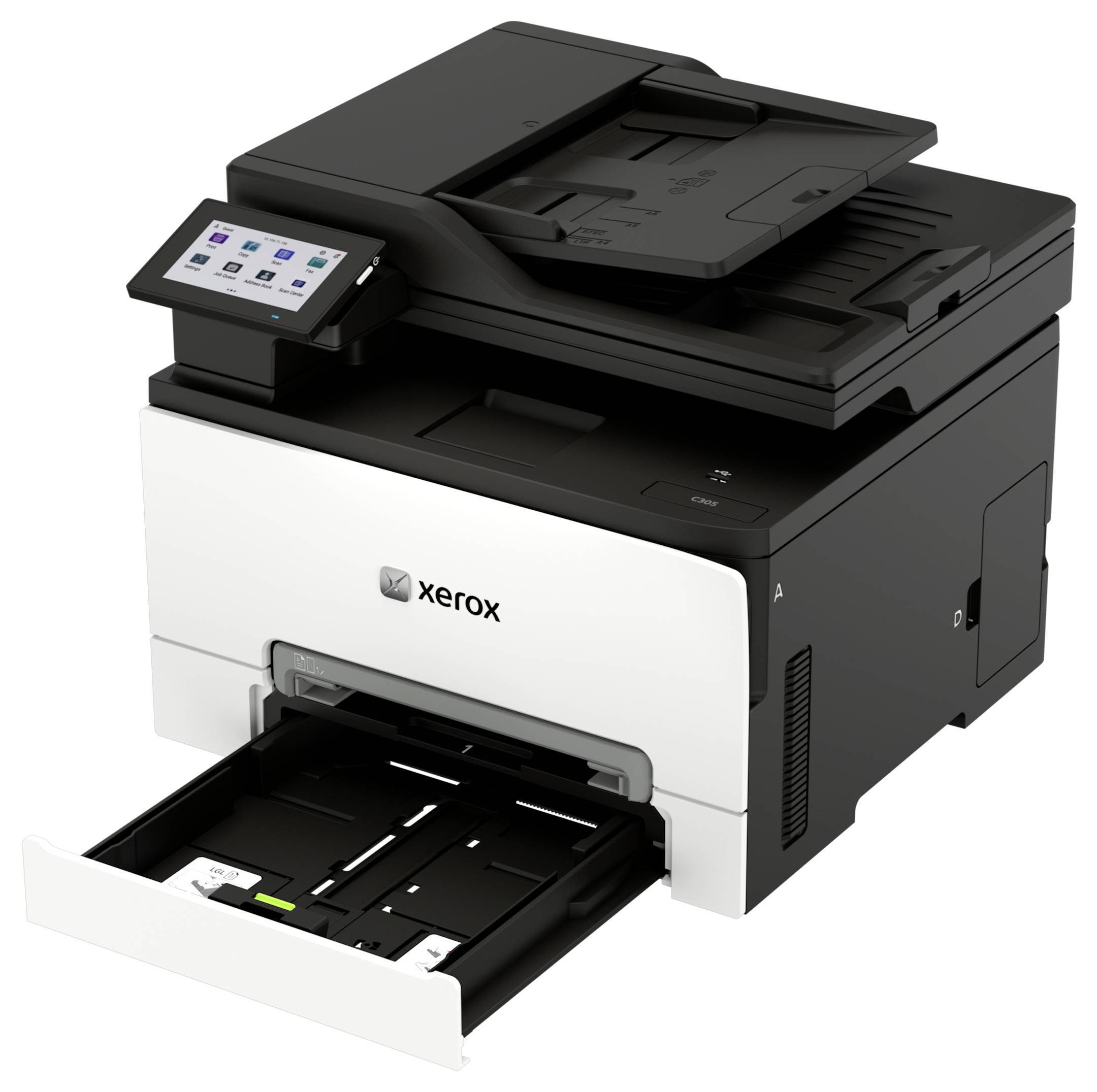 Xerox Multifunktionsdrucker mit Touchscreen-Bedienfeld und offener Papierschublade, auf weißem Hintergrund dargestellt.