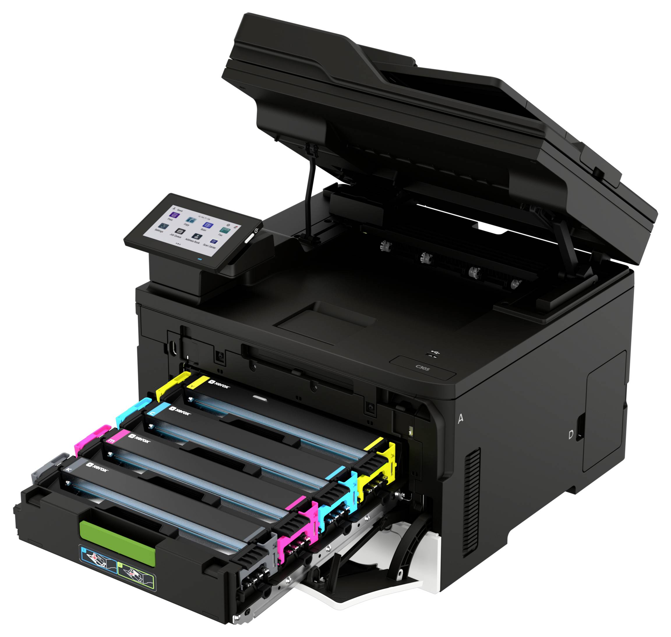 Offener Multifunktionsdrucker mit angehobenetem Deckel und ausgefahrenem Papierfach, zeigt vier farbige Tonerpatronen an der Vorderseite.