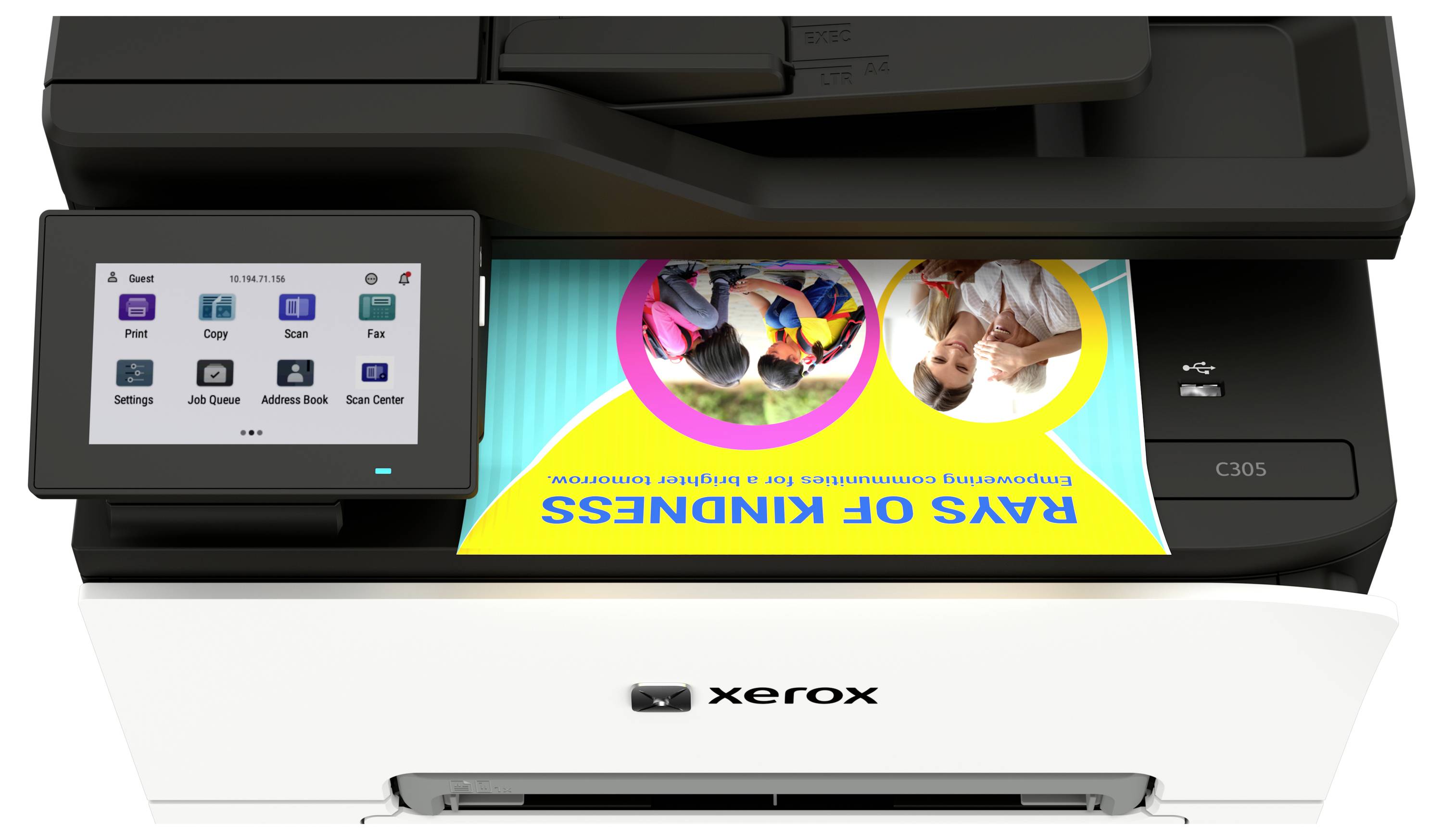Xerox-Drucker mit Touchscreen-Bedienfeld druckt ein farbiges 