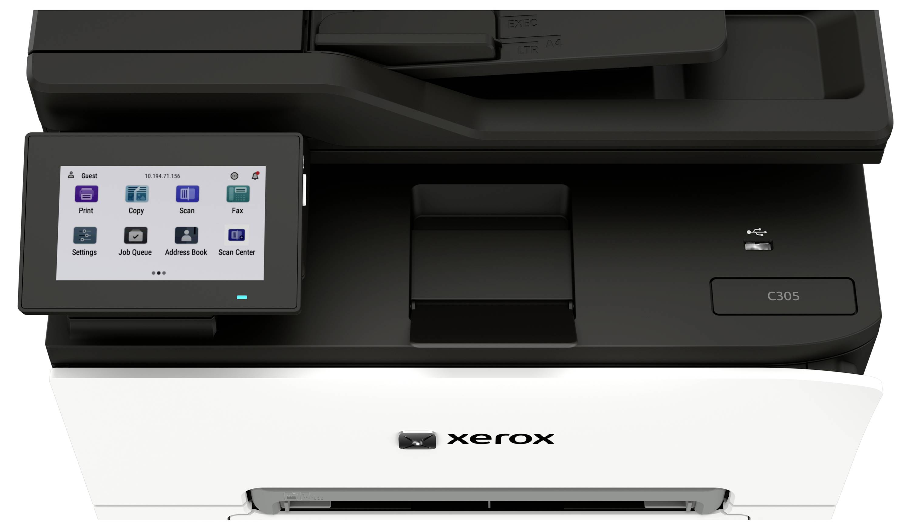 Frontansicht eines Xerox C305 Multifunktionsdruckers mit Touchscreen-Bedienfeld und sichtbarem Papierfach.
