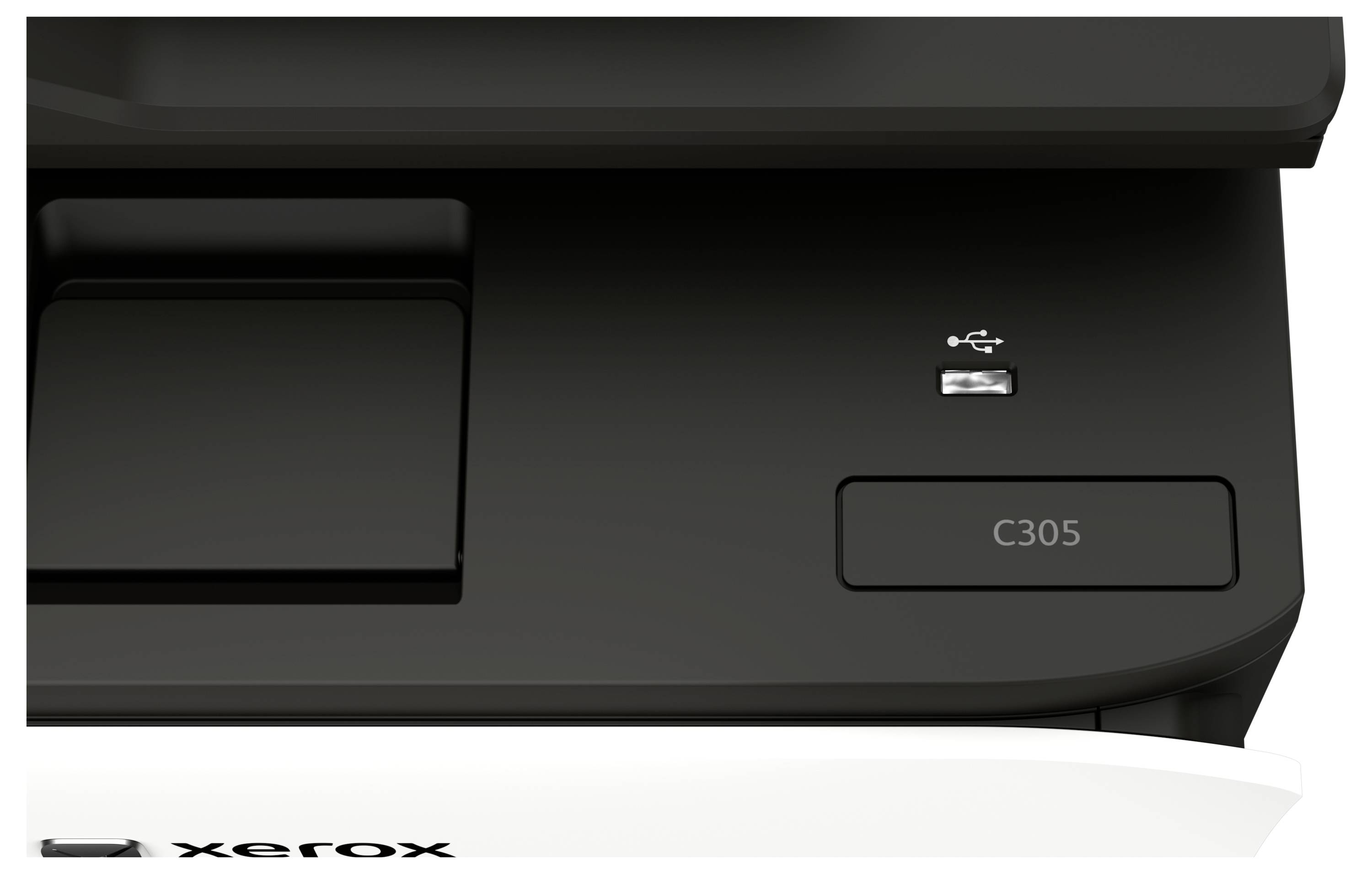 Nahaufnahme eines Xerox-Druckerbedienfelds mit Papierausgabefach und Modellbezeichnung „C305