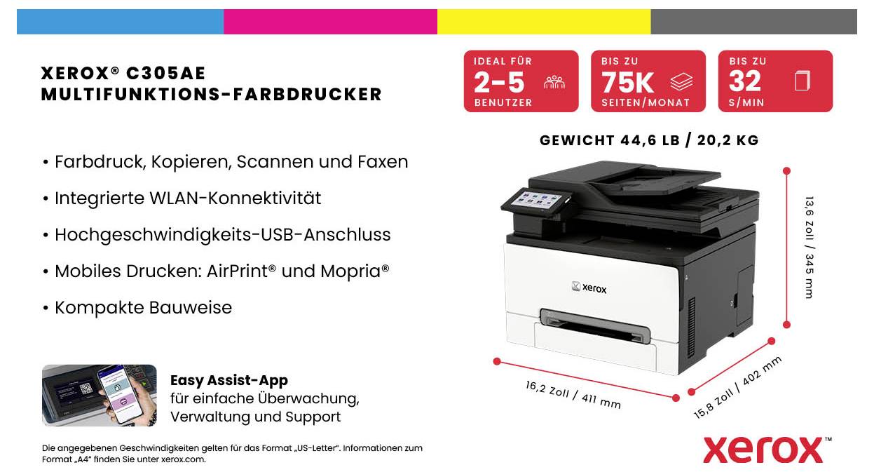 Xerox C305AE Multifunktions-Farbdrucker-Anzeige mit Kopier-, Scan- und Faxfunktionen, WLAN- und USB-Konnektivität, mobilem Drucken, kompakter Größe und Abmessungen.