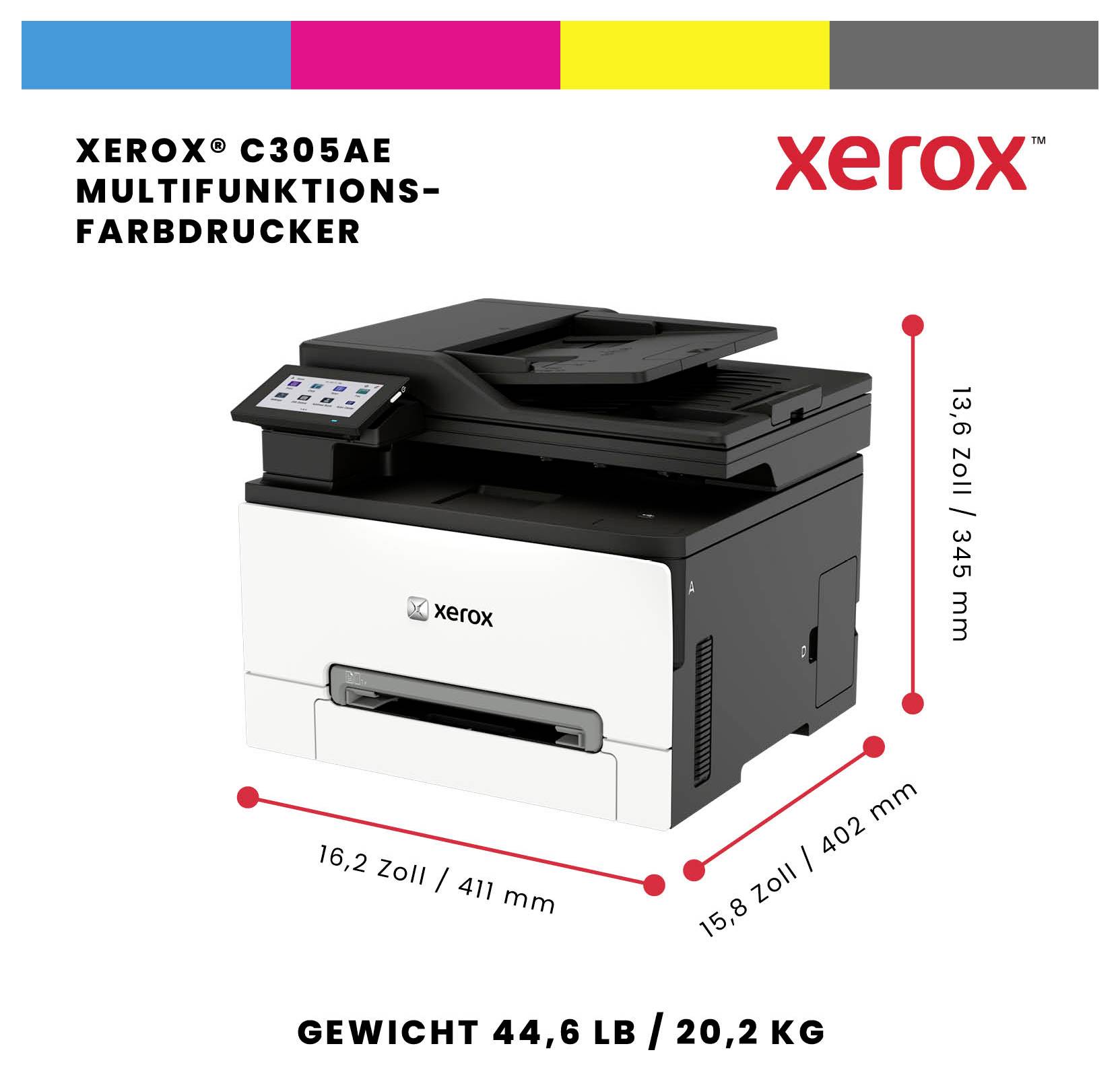 Xerox C305A.E Multifunktions-Farbdrucker mit den Abmessungen 16,2 x 15,8 x 13,6 Zoll und einem Gewicht von 44,6 lb/20,2 kg.