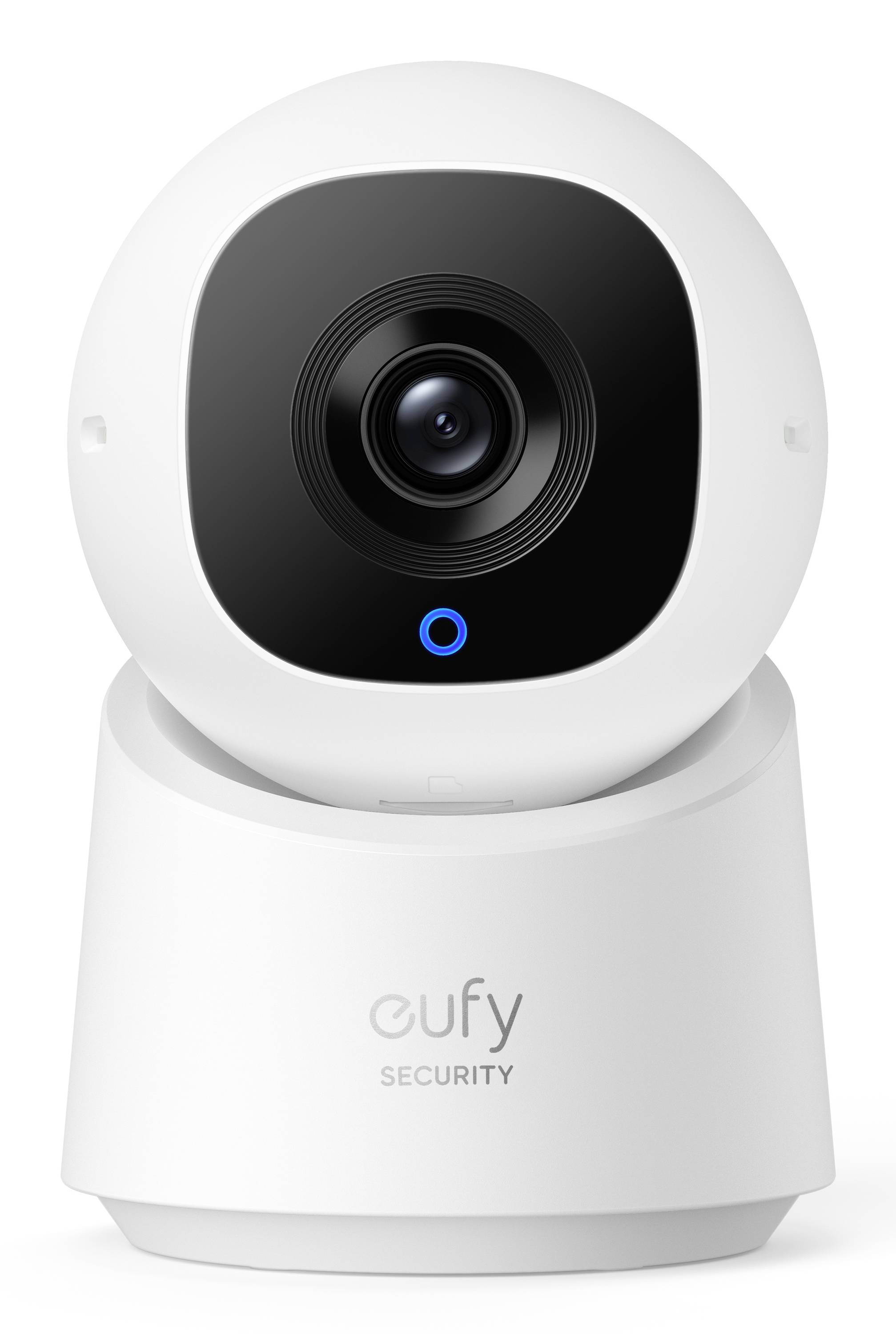 Weiße Eufy Security Innenkamera mit schwarzem Objektiv und blauem Statuslicht auf weißem Sockel, Vorderansicht dargestellt.