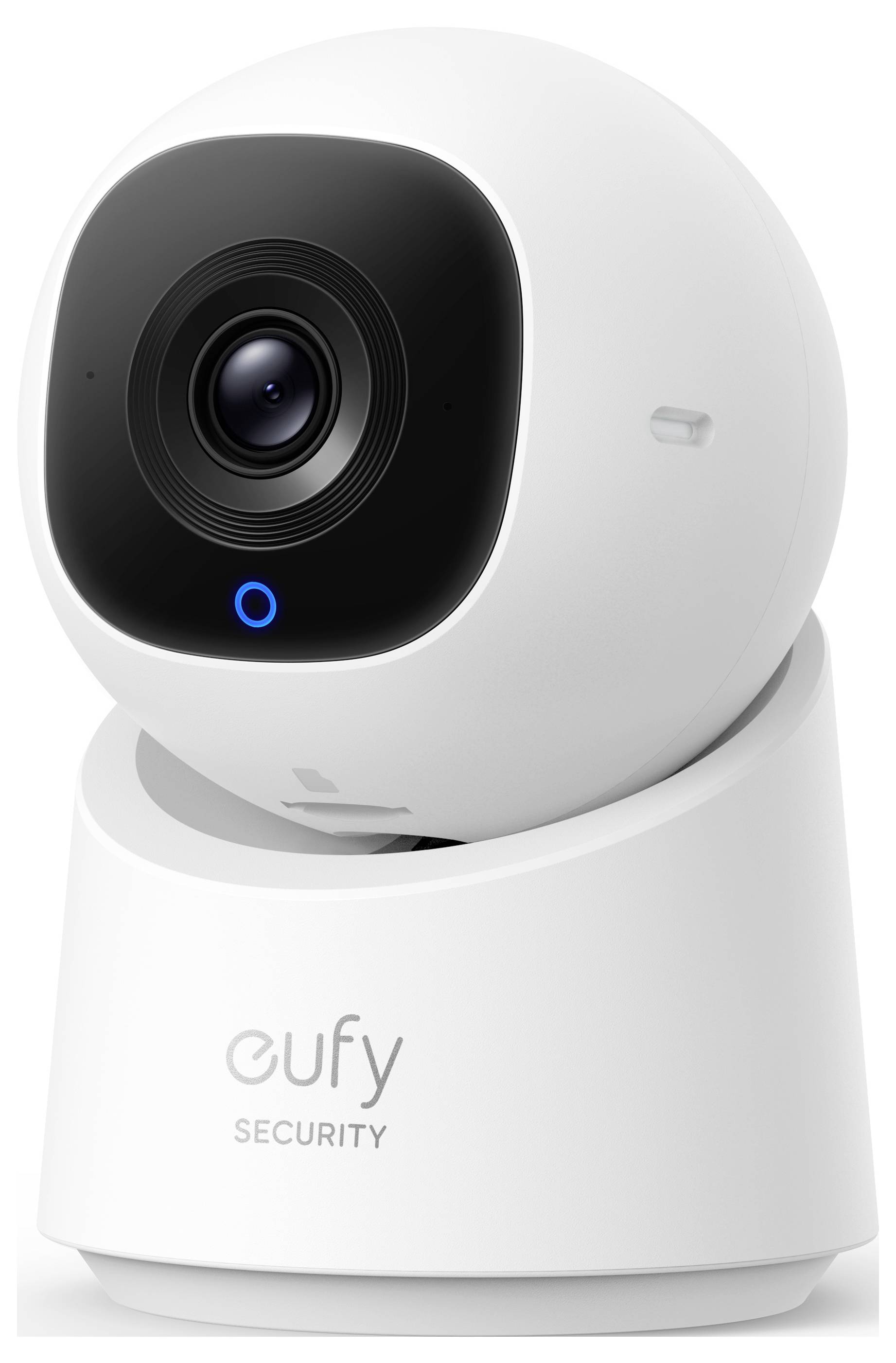 Weiße Eufy Security Innenraumkamera auf einem Fuß, mit einem schwarzen Objektivpanel und einem blauen Statuslicht.