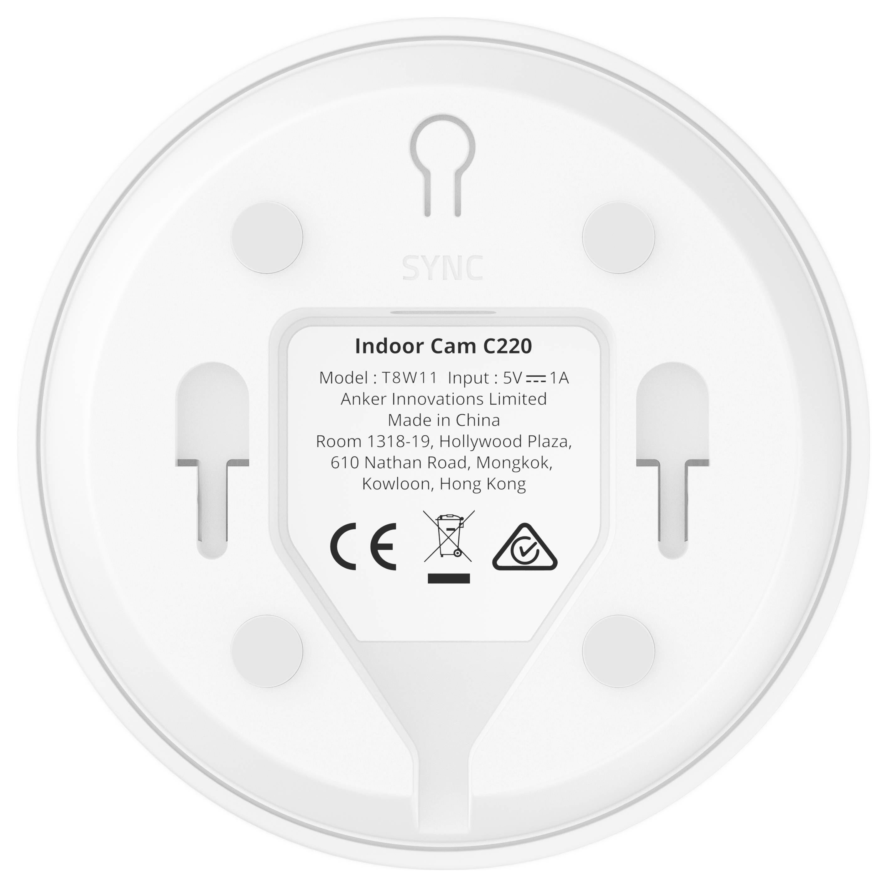 Unteres Etikett einer Anker Indoor Cam C220 mit Modell T8W11, 5V 1A Eingang, Herstelleradresse und CE/WEEE-Sicherheitssymbole.