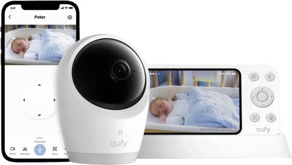 CUPY Babyphone mit Kamera, Smartphone-App und tragbarem Display mit einem schlafenden Säugling im Babybett.