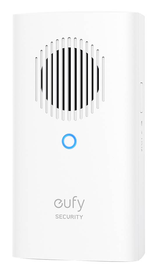 Eufy Security weiße Türklingel mit Lautsprechergitter und blauem LED-Ringanzeiger