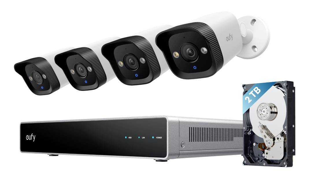 Sicherheitskamerasystem mit vier Bullet-Kameras, einer Home-Base-Einheit und einer 2-TB-Festplatte für lokale Videospeicherung.