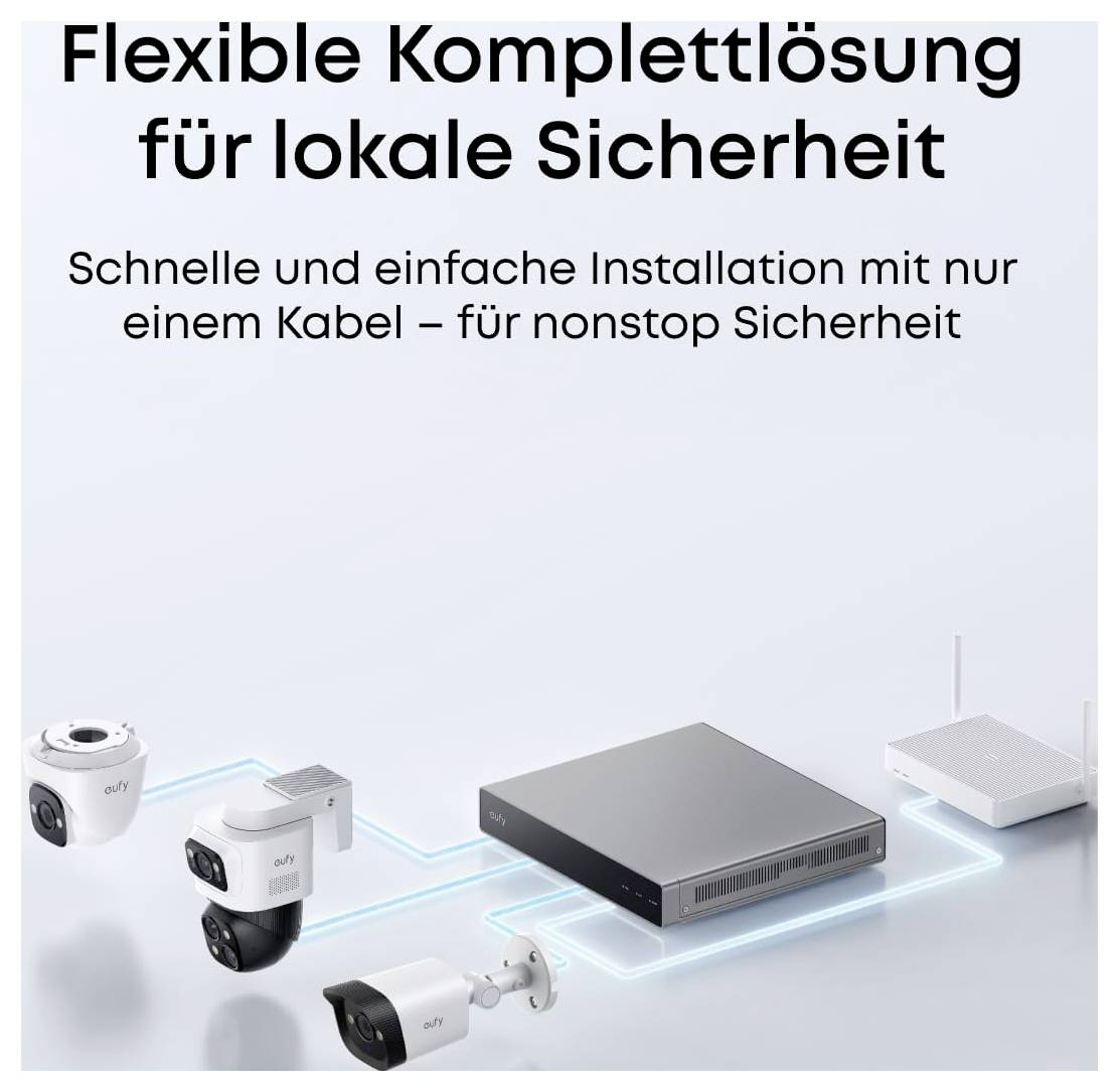 Flexible Komplettlösung für lokale SicherheitSchnelle und einfache Installation mit nur einem Kabel – für ununterbrochene Sicherheit[Abbildung zeigt Kameras, Rekorder und Router, die miteinander verbunden sind.]