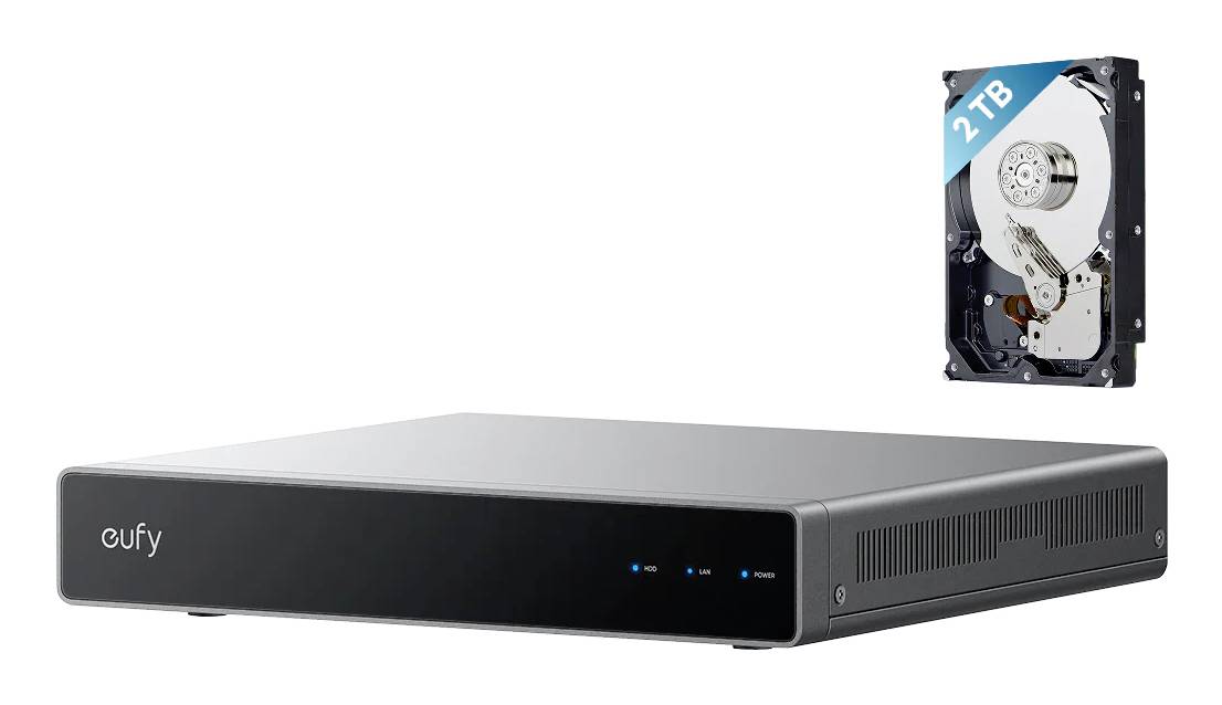 Eufy-Sicherheitsrekordern-Box mit einer 2-TB-Festplatte, die erweiterbaren lokalen Videospeicher für Überwachung anzeigt.